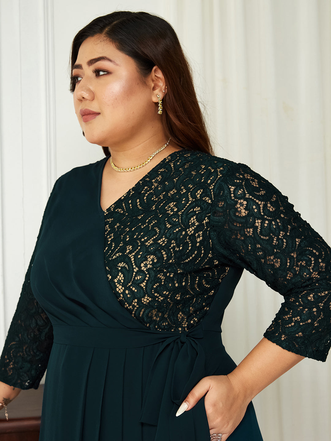 Women's Teal V-Neck 3/4 Sleeve Self-Designed Wrap-Styled Georgette Maxi Dress