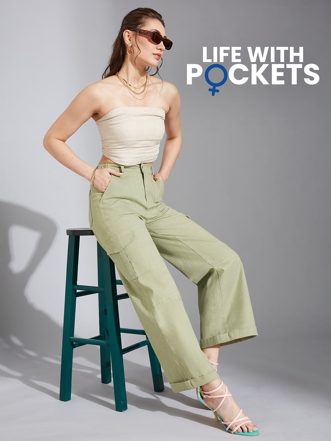 Women's Olive Wide-Leg High-Rise Clean-Look Regular Stretchable Denim Jeans