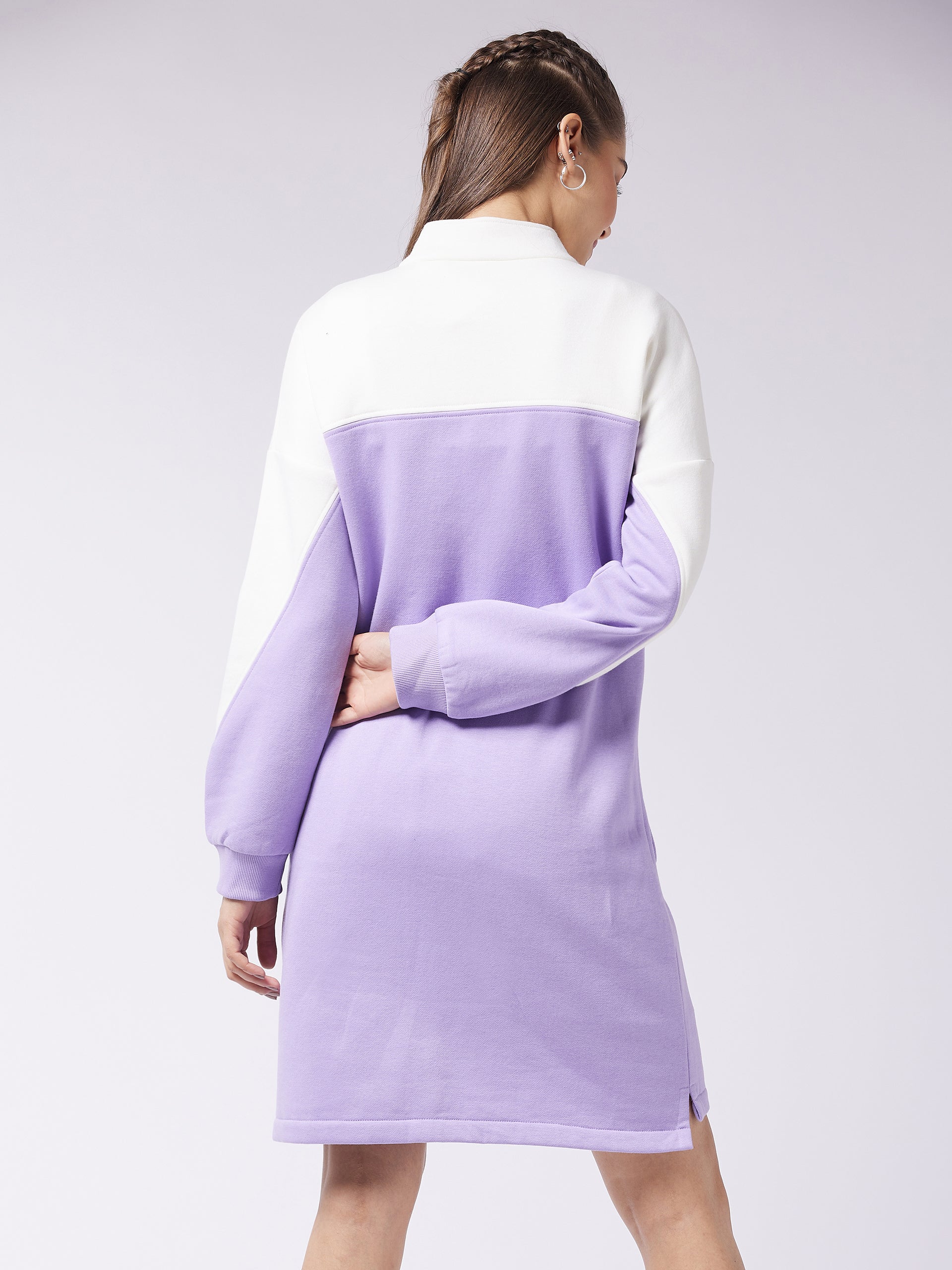 Women's Lavender & Off-White Mock Neck Full Sleeve Solid Color Blocked Knee Length Dress