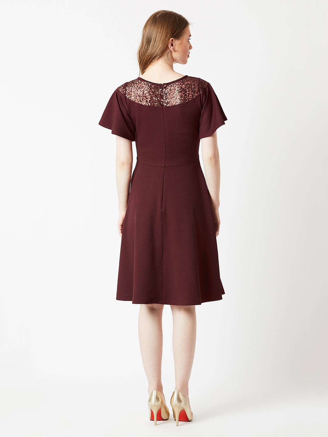 Crease Ease Women's Wine Red Round Neck Flared Short Sleeve Solid Skater Knee-Long Lace Dress