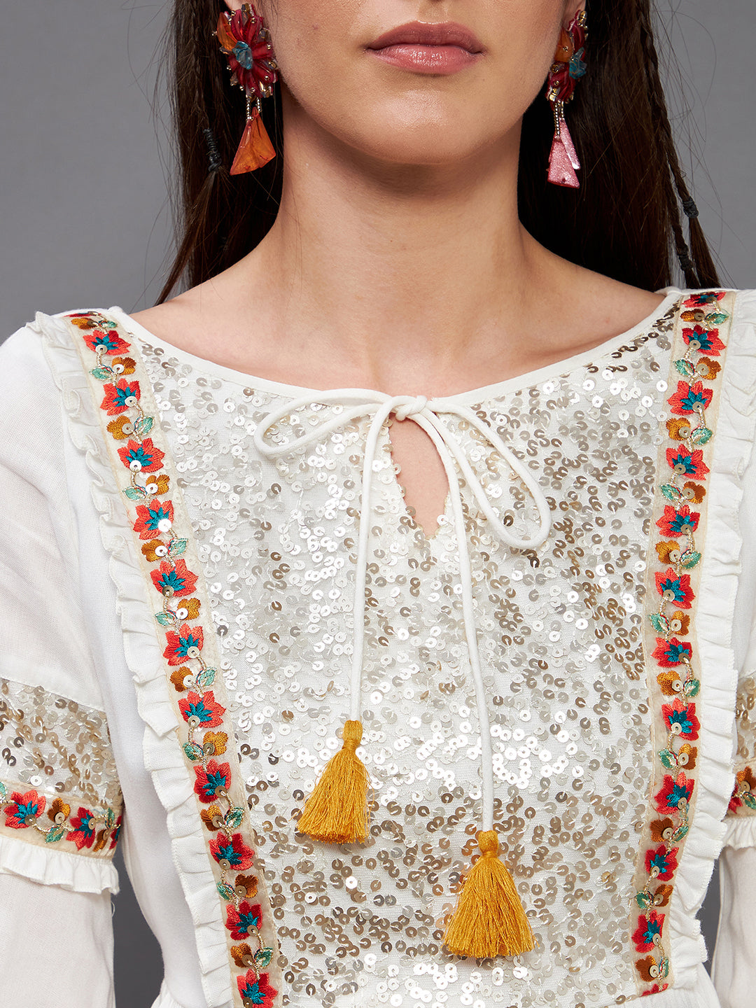 Women's Off-White Boat neck Bishop Sleeve Viscose Rayon Embellished Gathered Midi Dress