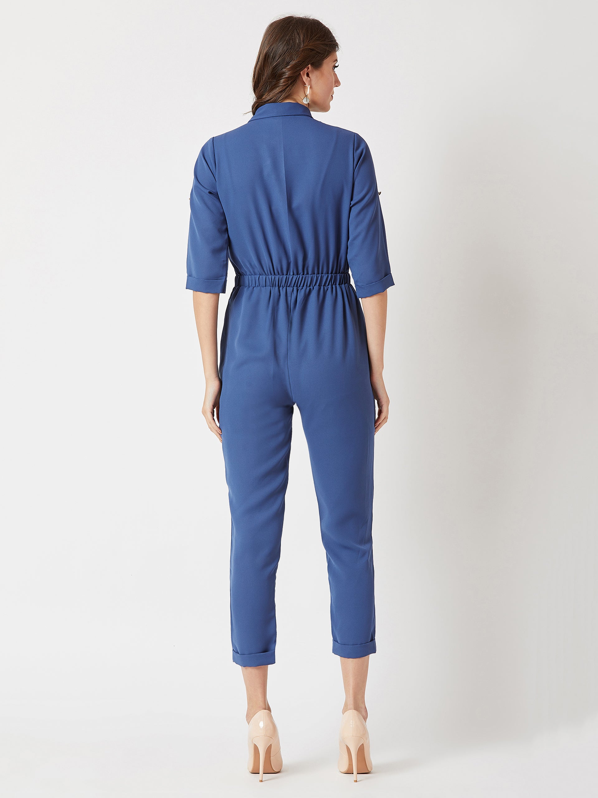 Azure Blue Collared 3/4 Sleeves Collared Tie-Up Detailing Solid Straight-Fit Leg Jumpsuit for Women — Miss Chase