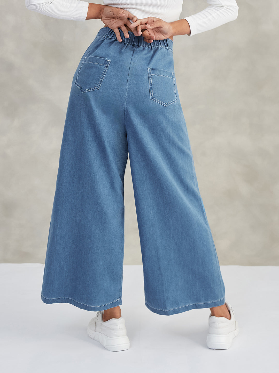 Women's Blue Flared Wide-Leg High-Rise Non-Stretchable Denim Pants