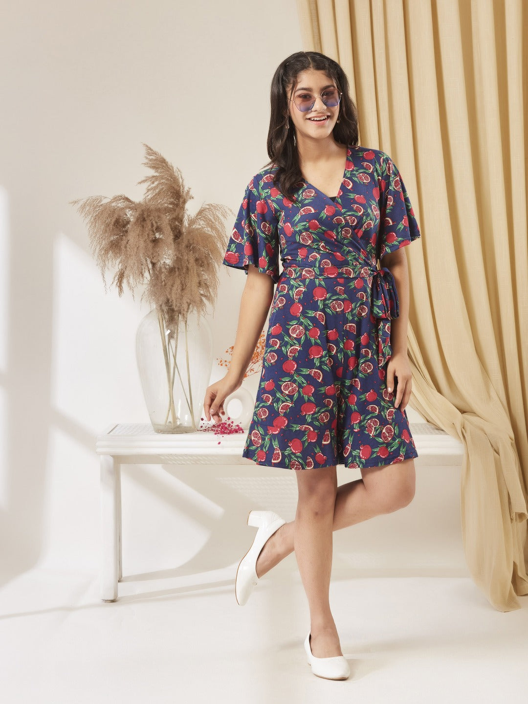 Navy Blue V-Neck Half-Sleeve Tropical-Printed Wrap Knee-Long Cotton Playsuit for Girls/Teenagers