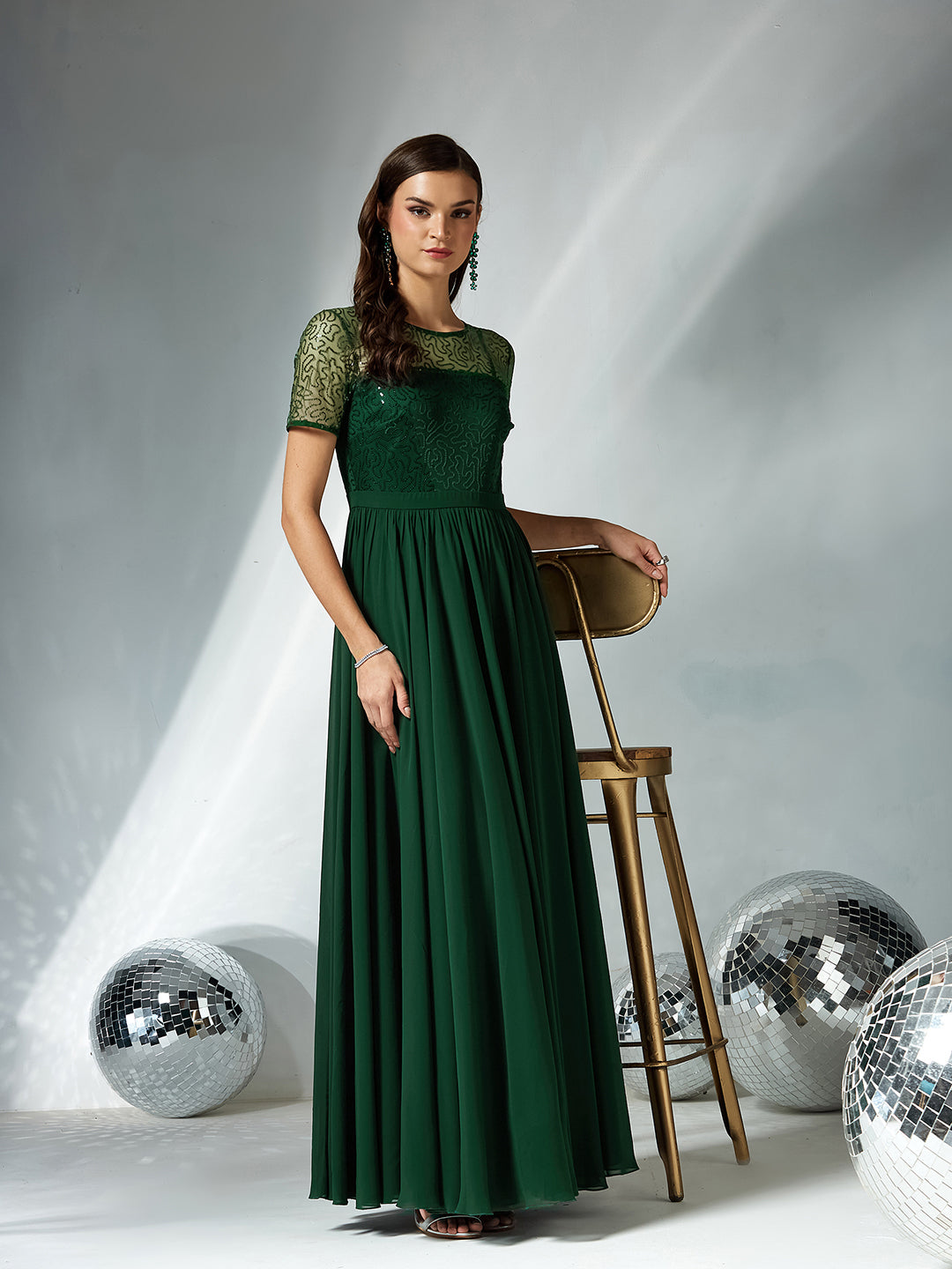Dark Green Relaxed Fit Maxi Georgette & Sequins Dress for Women