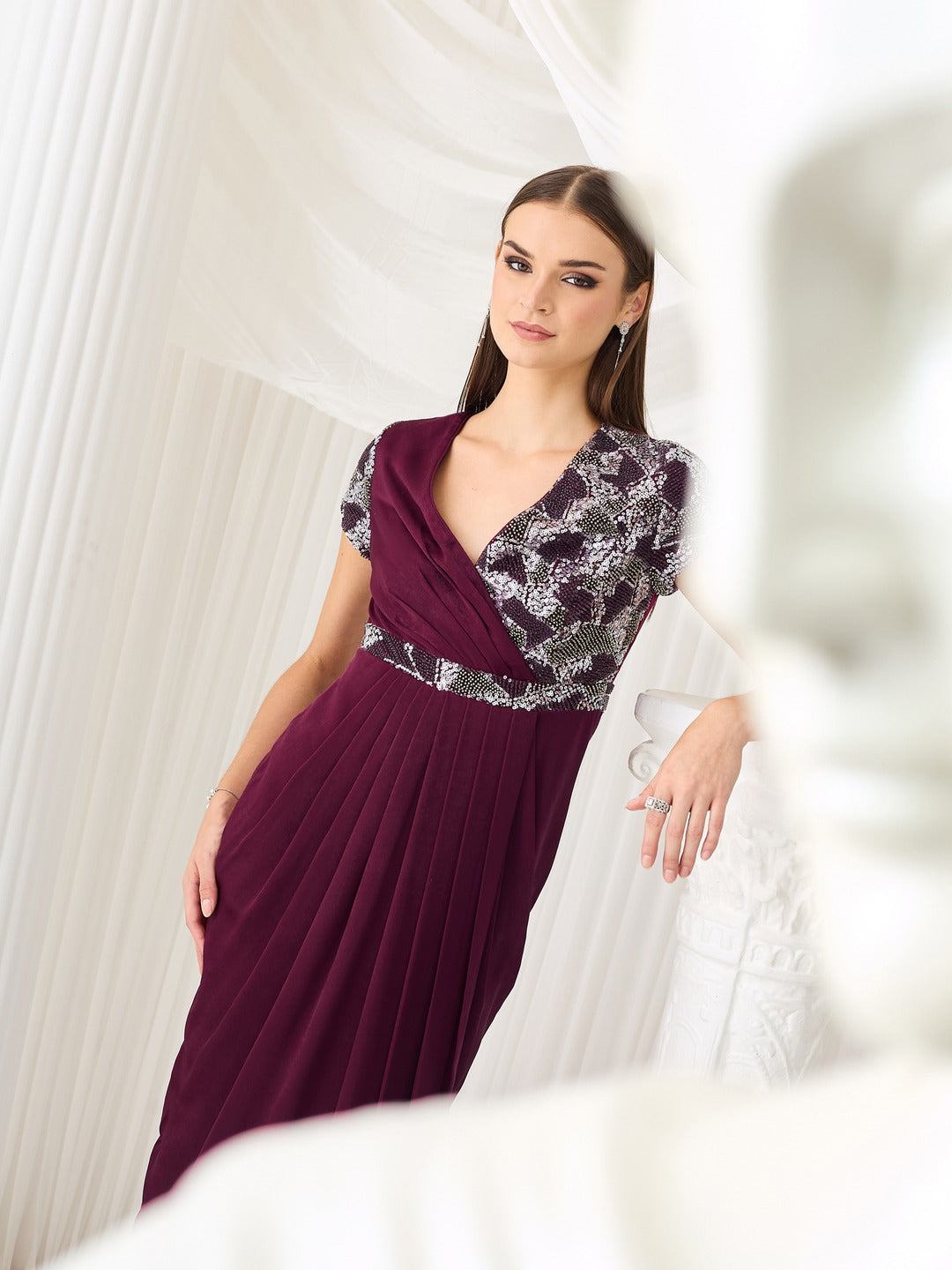 Wine V-Neck Gown in Embellished Pleated Lustrous Satin for Women