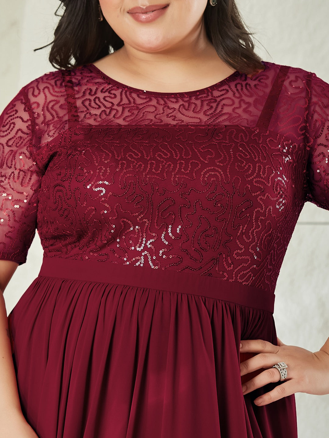 Maaroon Relaxed Fit Maxi Georgette & Sequins Dress for Women