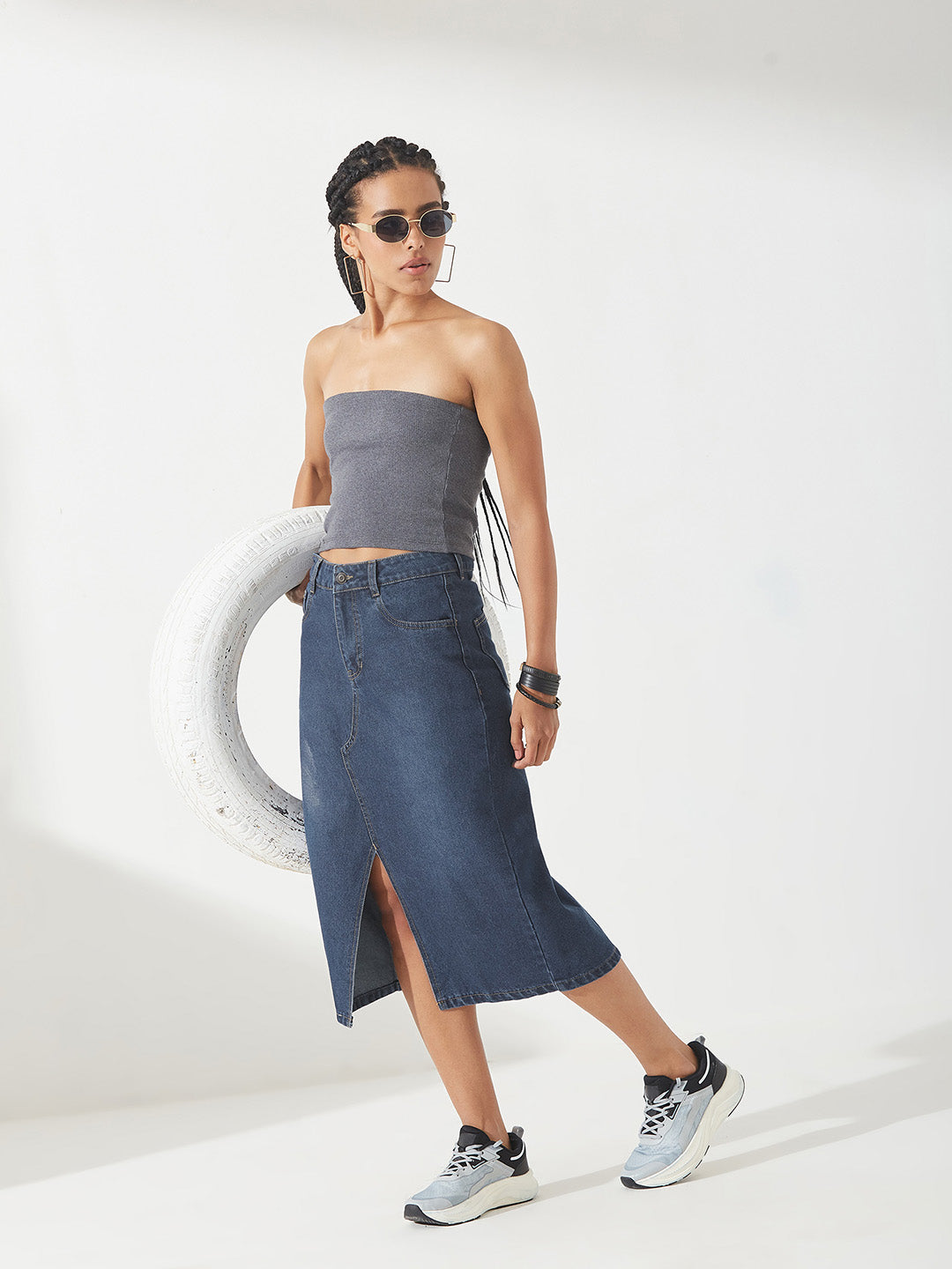 Dark Blue A-Line High-Rise Non-stretchable Denim Midi Skirt for Women