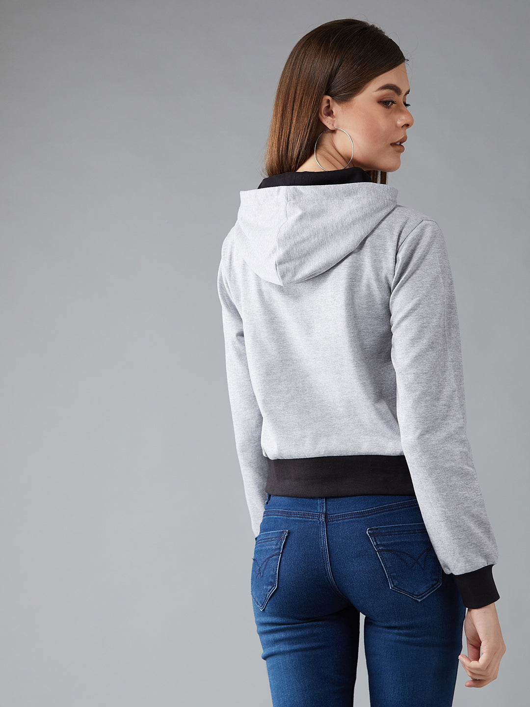 Women's Grey Round Neck Full Sleeves Cotton Solid Regular Length Hooded Sweatshirt