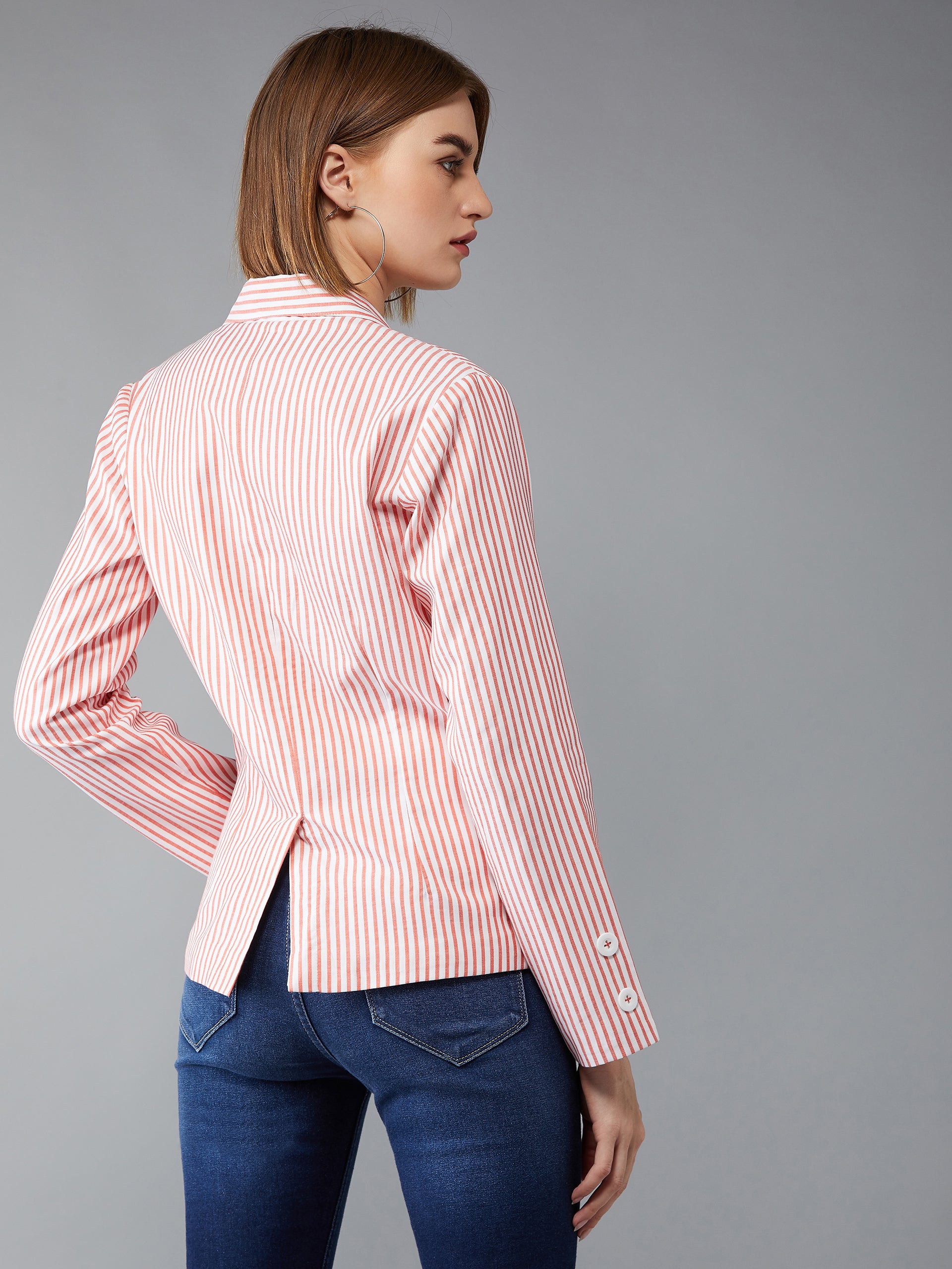 Women's Orange and White Collared Full Sleeves Striped Regular Length Notched Jacket