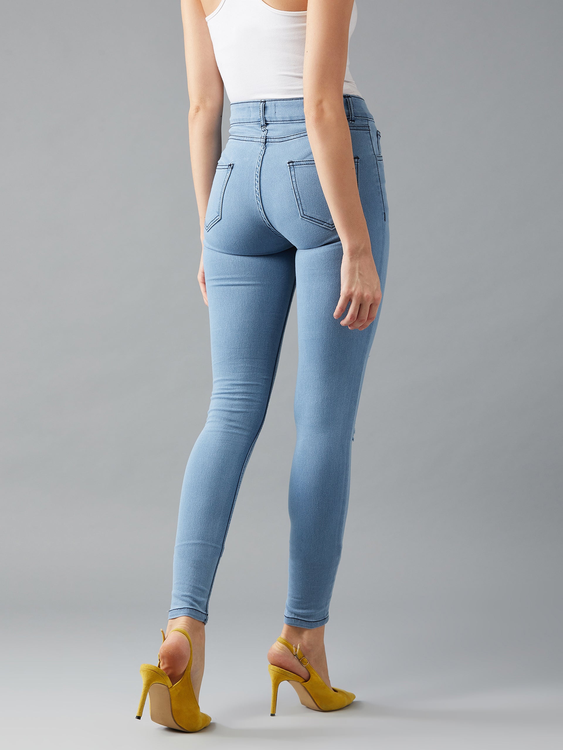 Women's Light Blue Skinny Mid Rise Clean Look knee Cut-out detailing Regular length Stretchable Denim Jeans