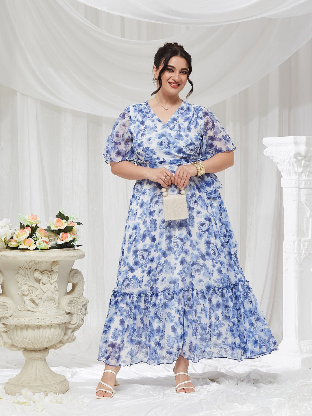 Floral Wrap Chiffon Maxi Dress with White Base & Flutter Sleeves for Women — Miss Chase A+