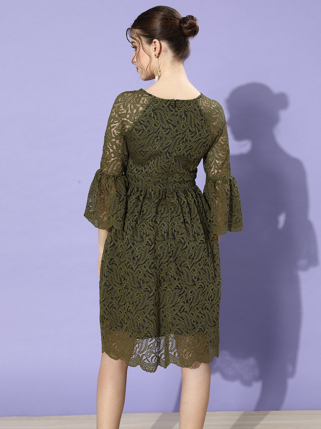 Women's Olive V-Neck Ruffled Sleeve Floral Lace Overlaid Midi Dress