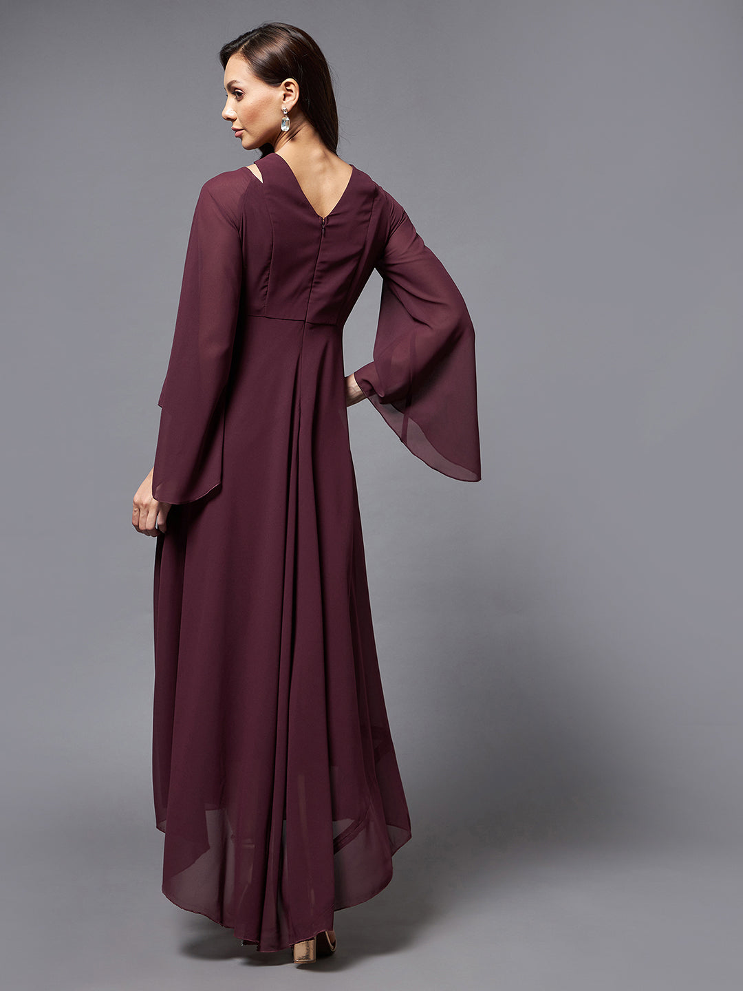 Women's Wine Shoulder Cut-out Embroidered Maxi Dress