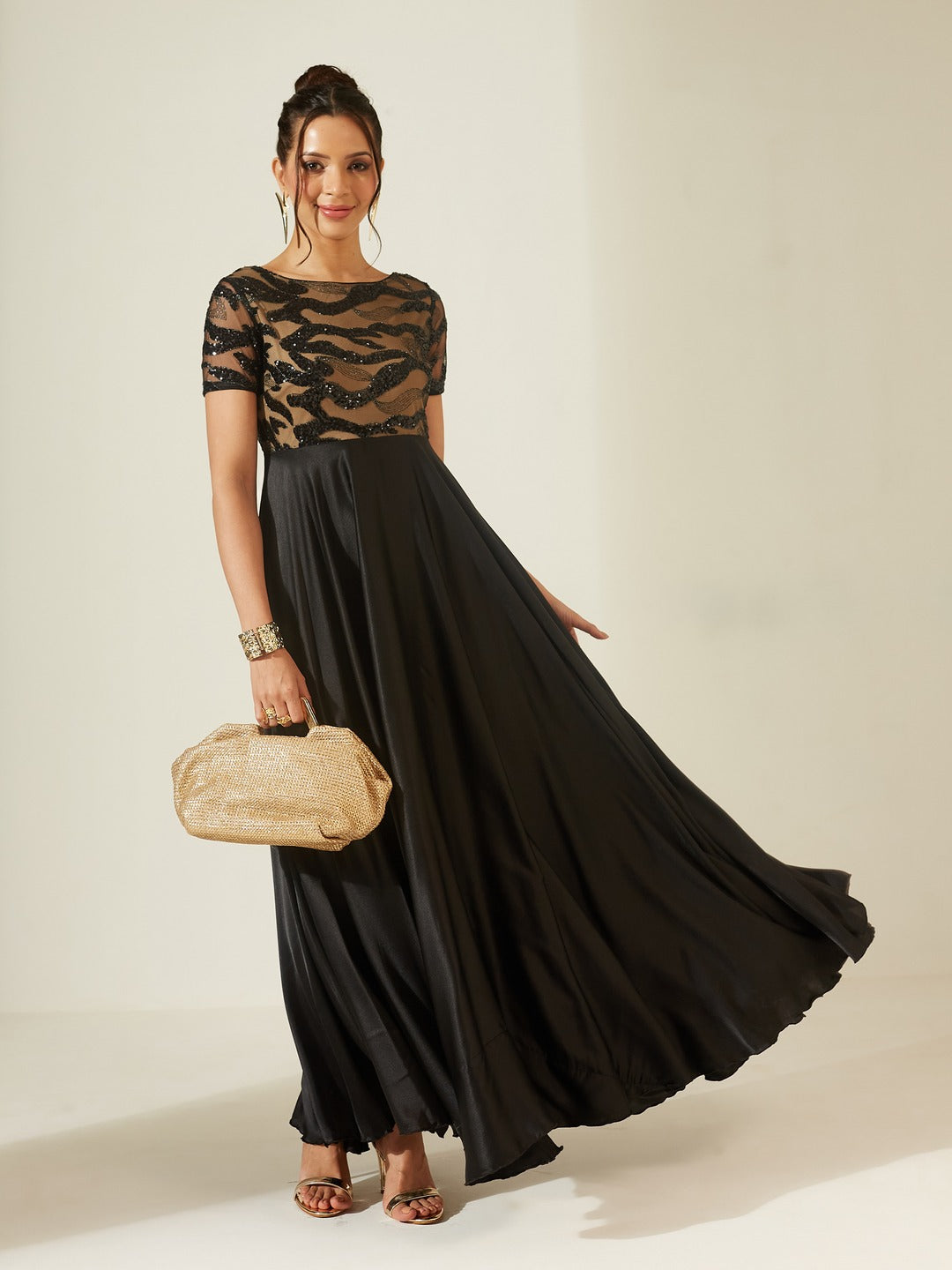 Black Boat-Neck Short-Sleeve Abstract Fit & Flare Satin Maxi Dress for Women