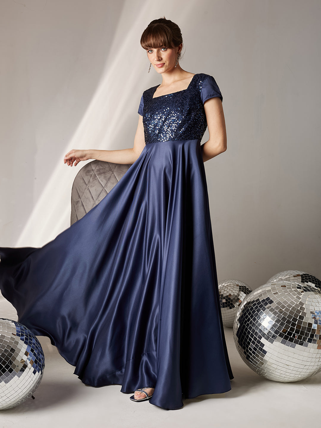 Women's Navy Blue Square Neck Short Sleeve Embellished Polyester Fit & Flare Maxi Dress