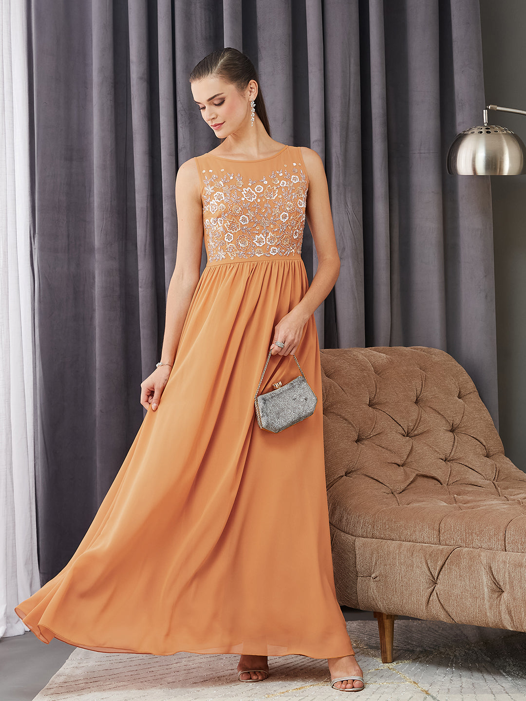 Women's Dusty Orange Boat Neck Sleeveless Embroidered Georgette Gathered Maxi Dress