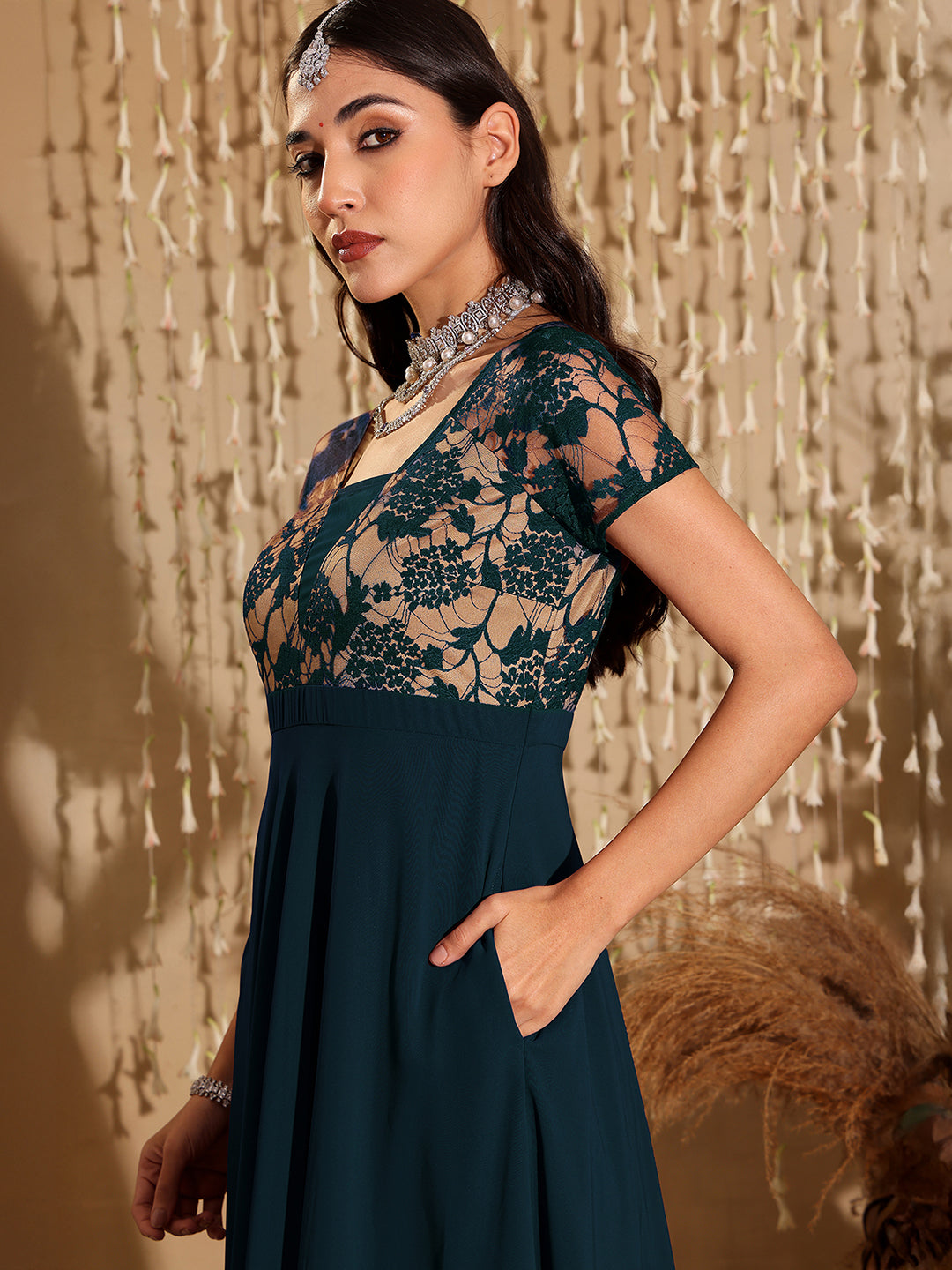Women's Teal Square Neck Raglan Short Sleeve Self Design Lace Overlaid Georgette Maxi Dress