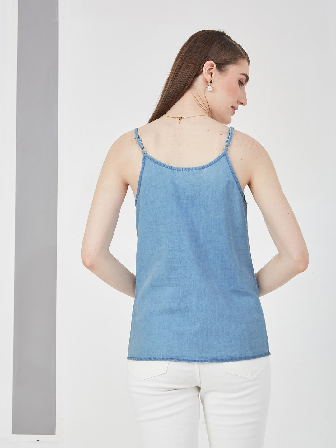 Light Blue V Neck Sleeveless Cotton Solid Denim Spaghetti Top for Women