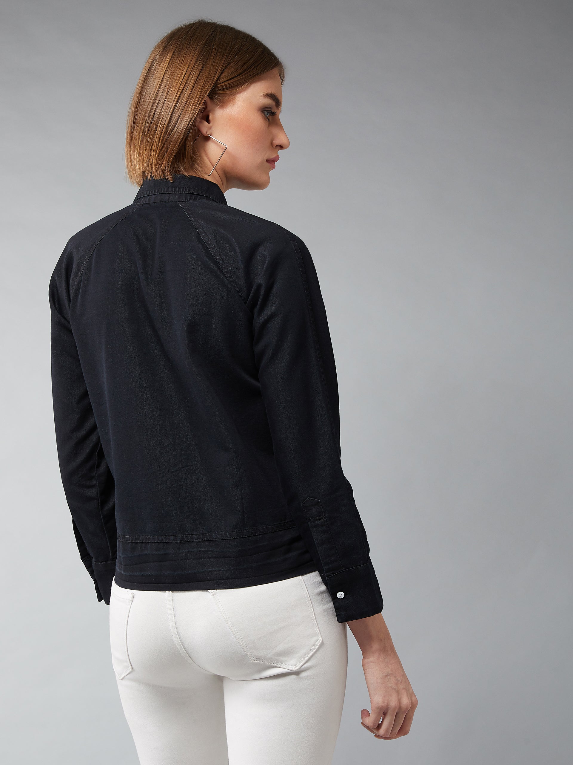 Women's Black Polo Neck Full Sleeves Flap Detailing Denim Solid Regular Length Bomber Jacket