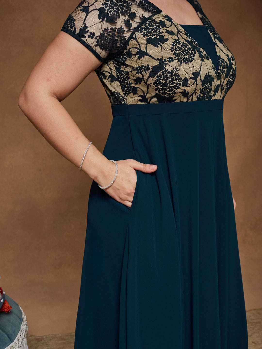 Teal Square Neck Raglan Short Sleeve Self Design Lace Overlaid Georgette Maxi Dress for Women — Miss Chase A+