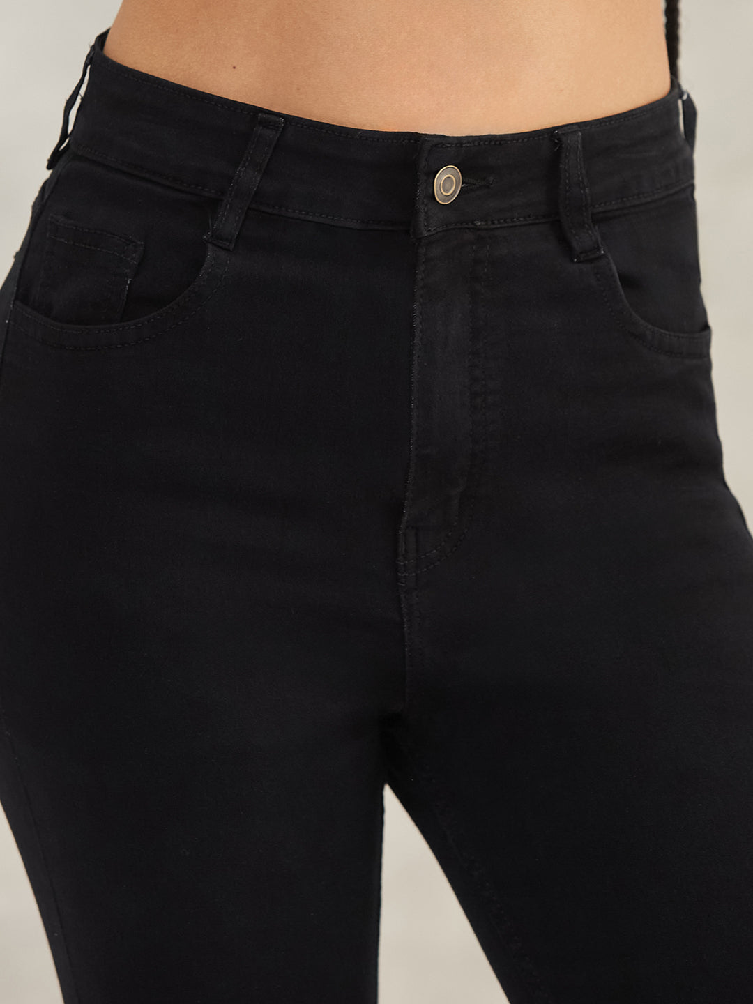 Black Skinny-Fit Fringe-Detailing High-Rise Solid Cropped Stretchable Denim Jeans for Women