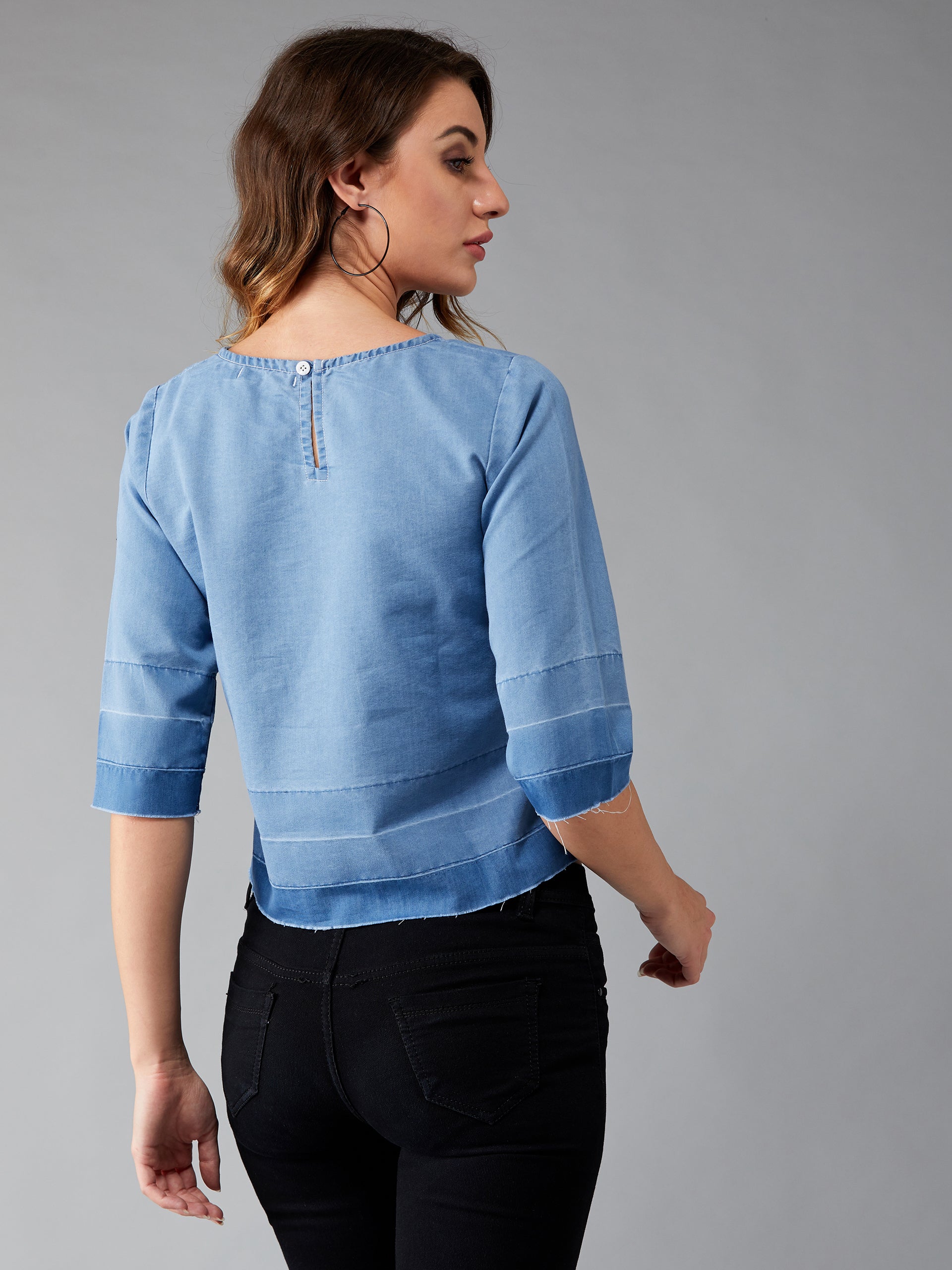 Women's Blue Denim Round 3/4 Sleeve Ombre Shaded Solid Crop Top