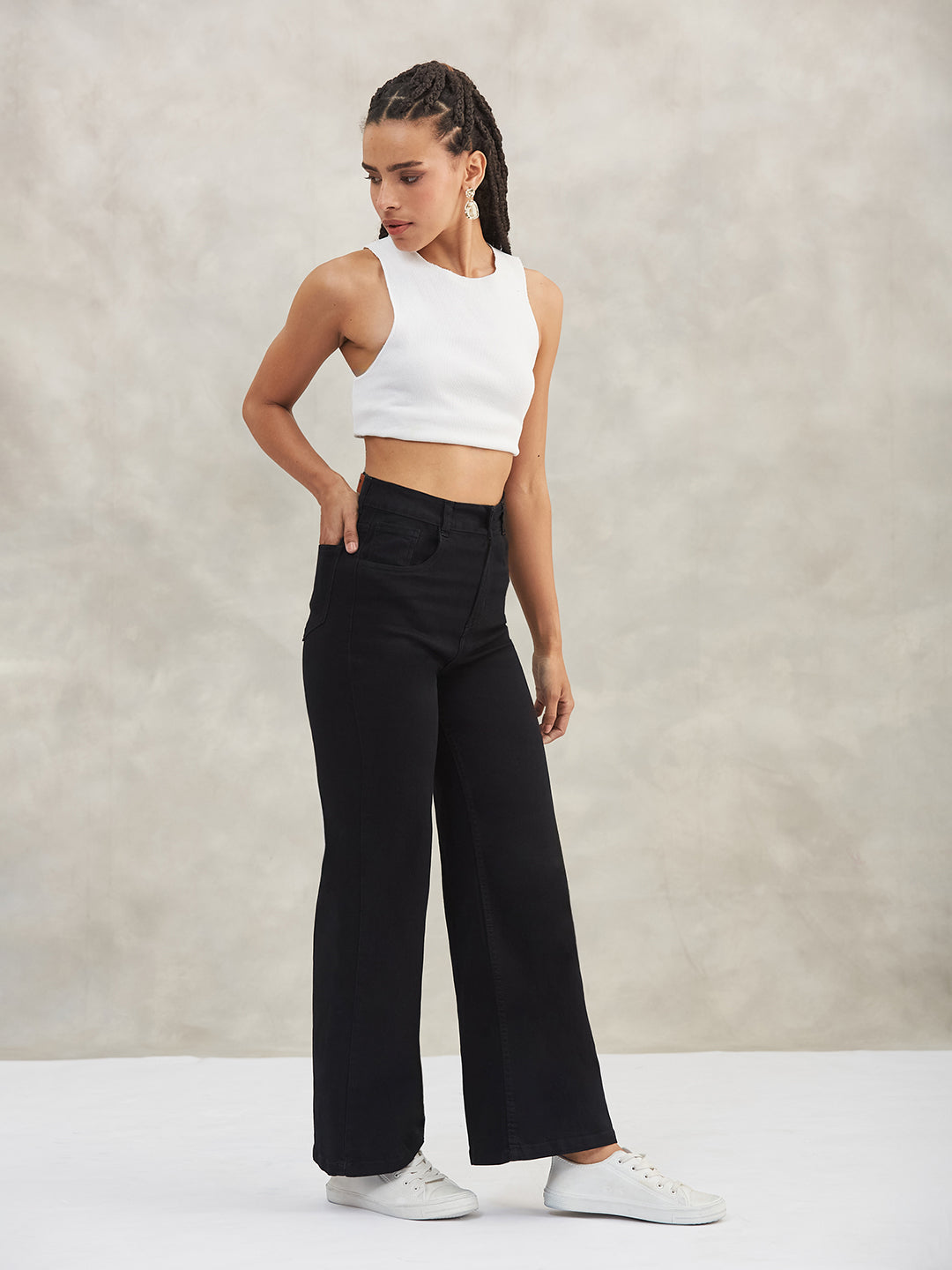 Women's Black Wide-Leg High-Rise Stretchable Denim Jeans