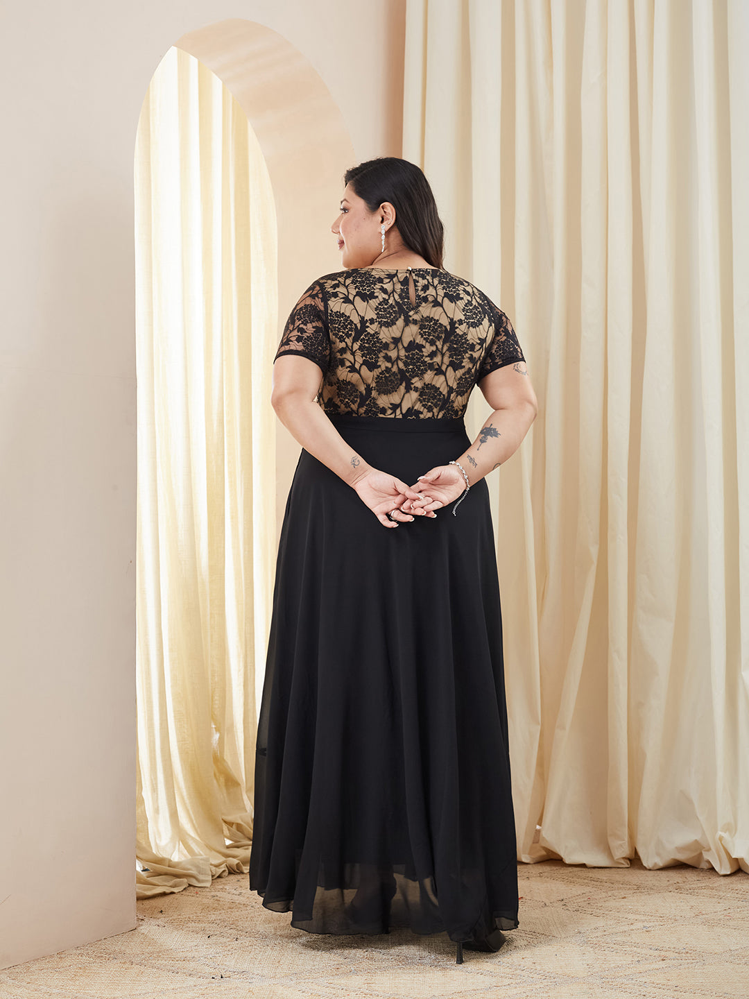 Black Round Neck Half Sleeve Self Design Fit & Flare Georgette Maxi Dress for Women — Miss Chase A+