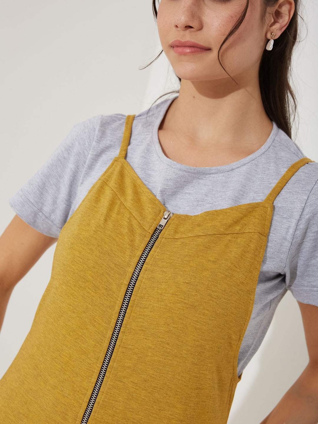 Gold and Grey Round Neck Half Sleeve Solid Regular Fit Cotton Dungaree Co-Ord Set for Women