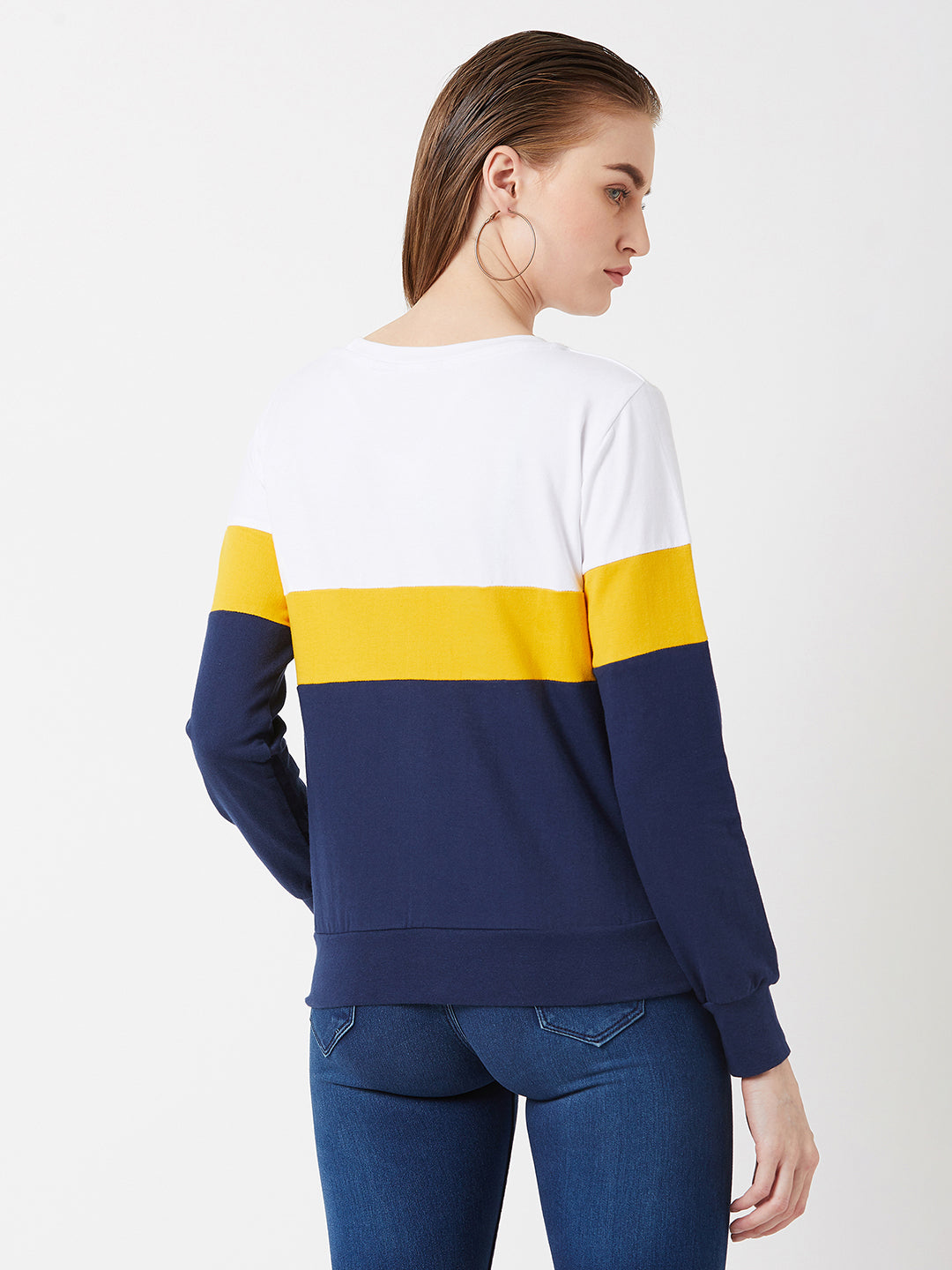 Women's Multicolored With A Navy Blue Base Round Neck Full Sleeves Cotton Solid Color block Paneled Boxy Sweatshirt