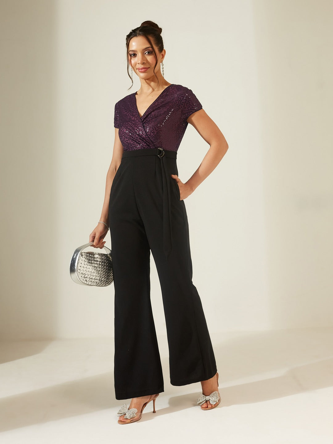 Black V-Neck Short Sleeve Embellished Wrap Regular-Length Polyester Jumpsuit for Women