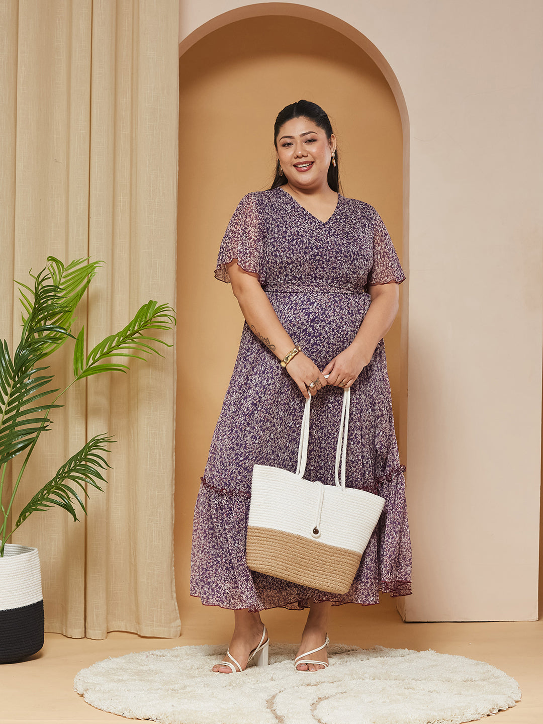 Multicolored-Base-Purple V-Neck Flared-Sleeves Floral Wrap Chiffon Maxi Dress for Women