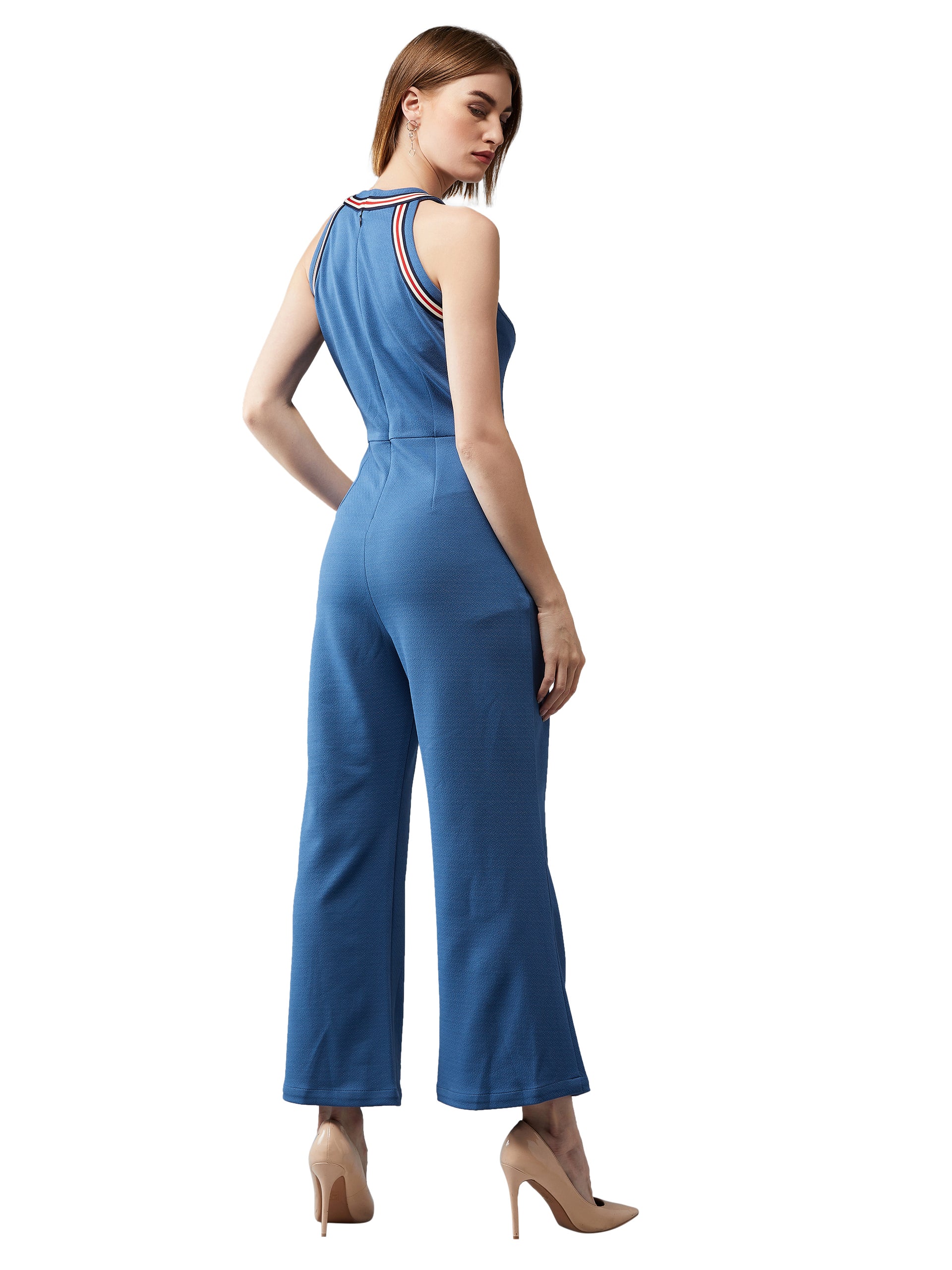 Women's Azure Blue Halter Neck Sleeveless Polyknitted Solid Straight Leg Regular Length Jumpsuit