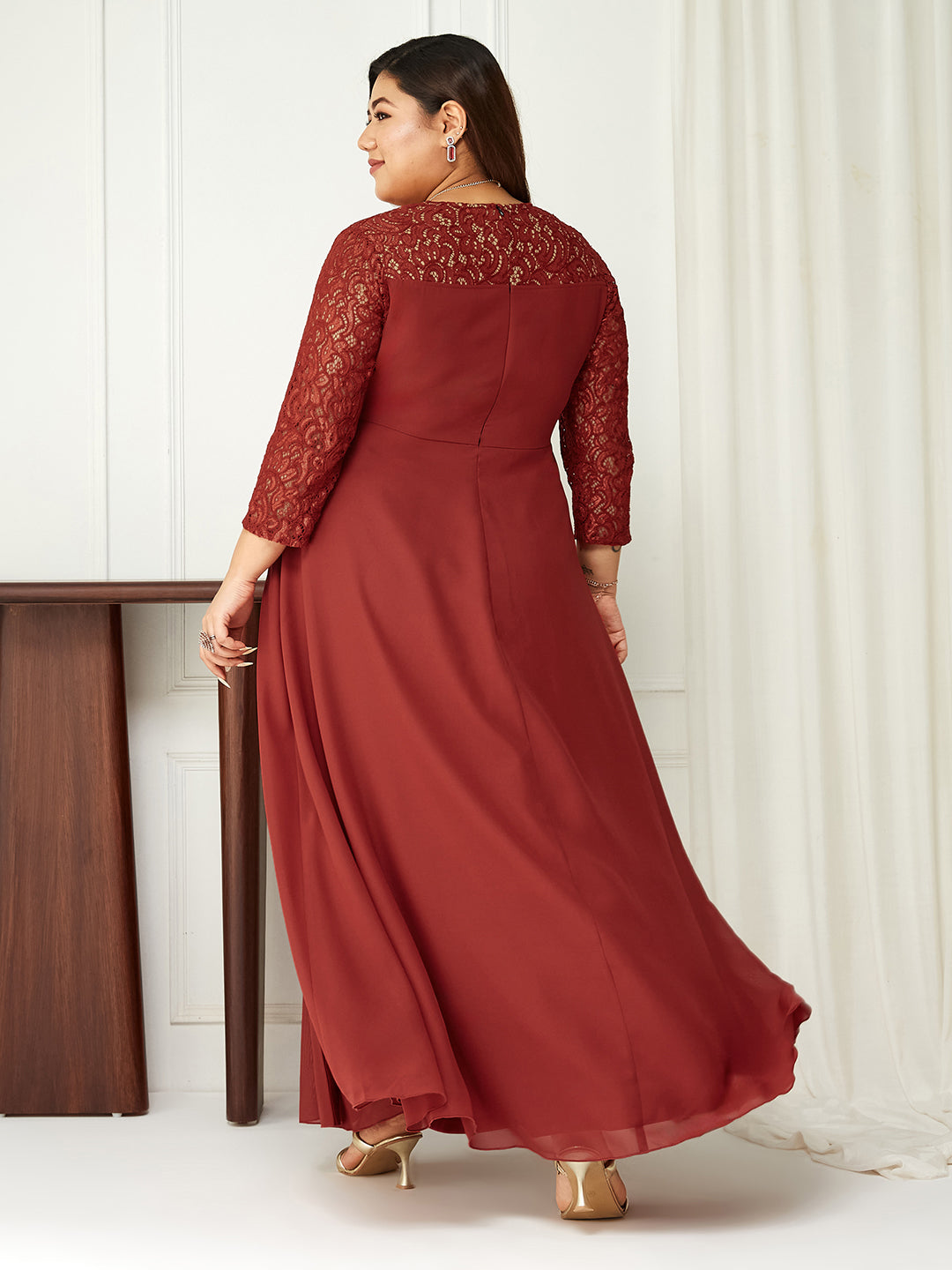 Women's Brick Red V-Neck 3/4 Sleeve Self-Designed Wrap Styled Georgette Maxi Dress