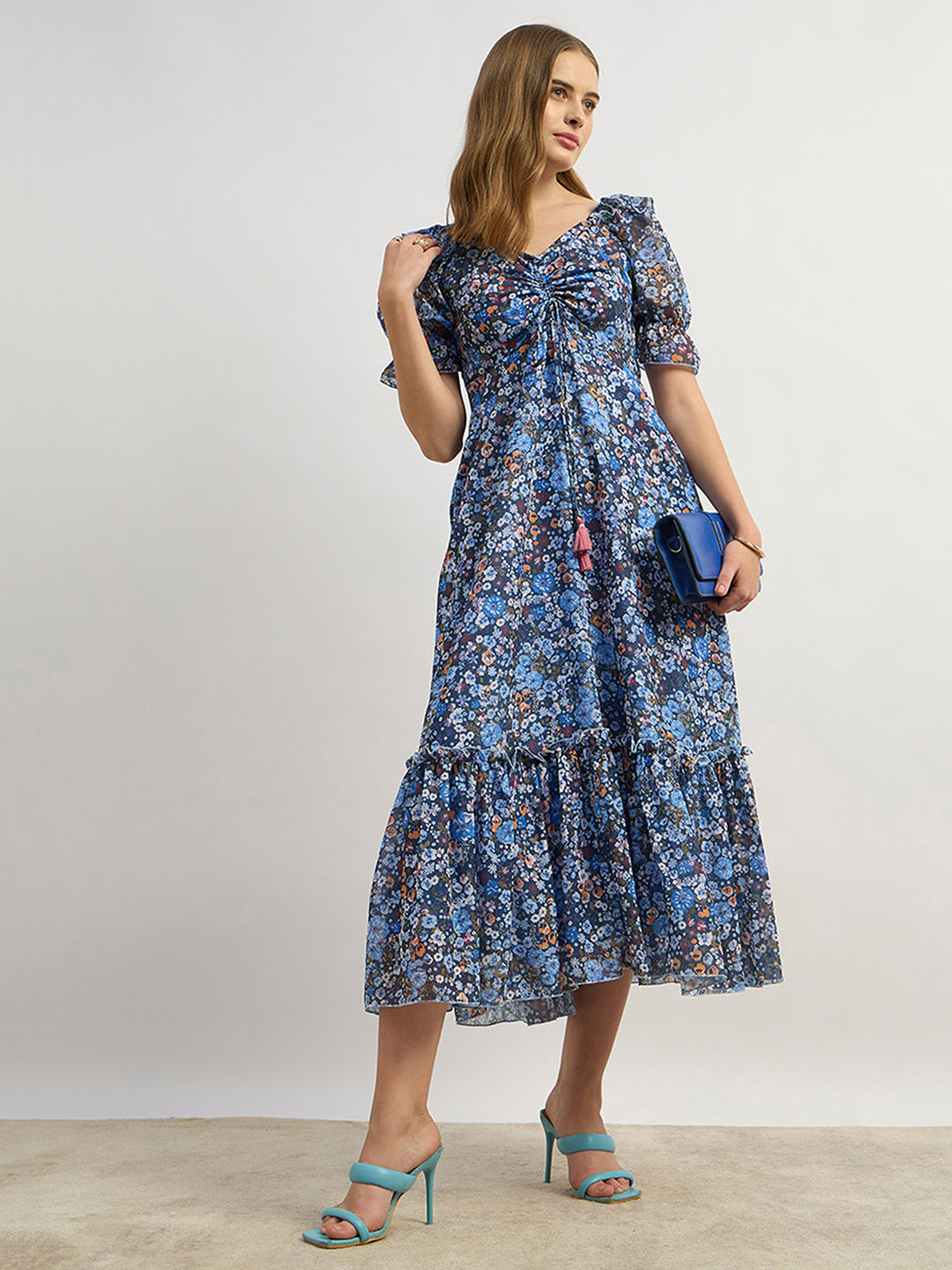 Women's Multicolored-Base-Navy Blue V-Neck Puff Sleeve Floral Ruching Ankle-Length Dress