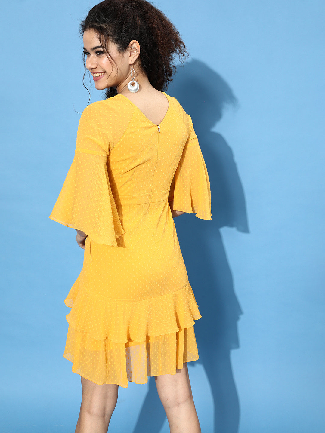 Women's Mustard-Yellow Round Neck Ruffled Sleeve Solid Ruffled Midi Dress