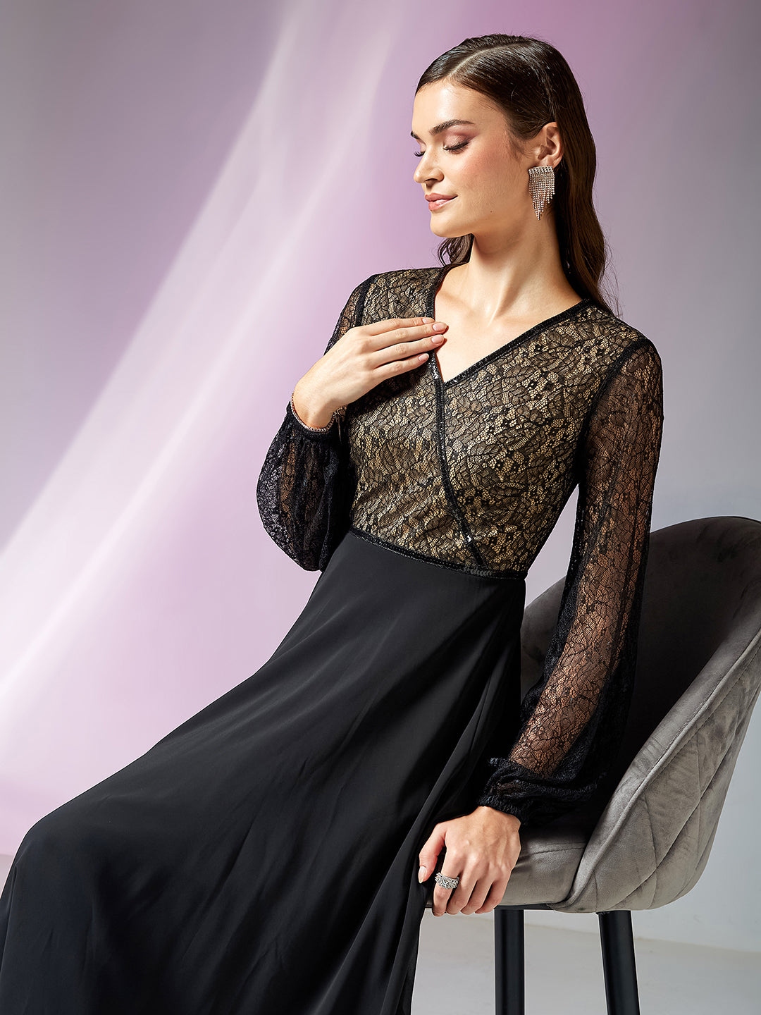 Black Lace Self-Design Georgette Fit & Flare Maxi Dress with Balloon Sleeves for Women