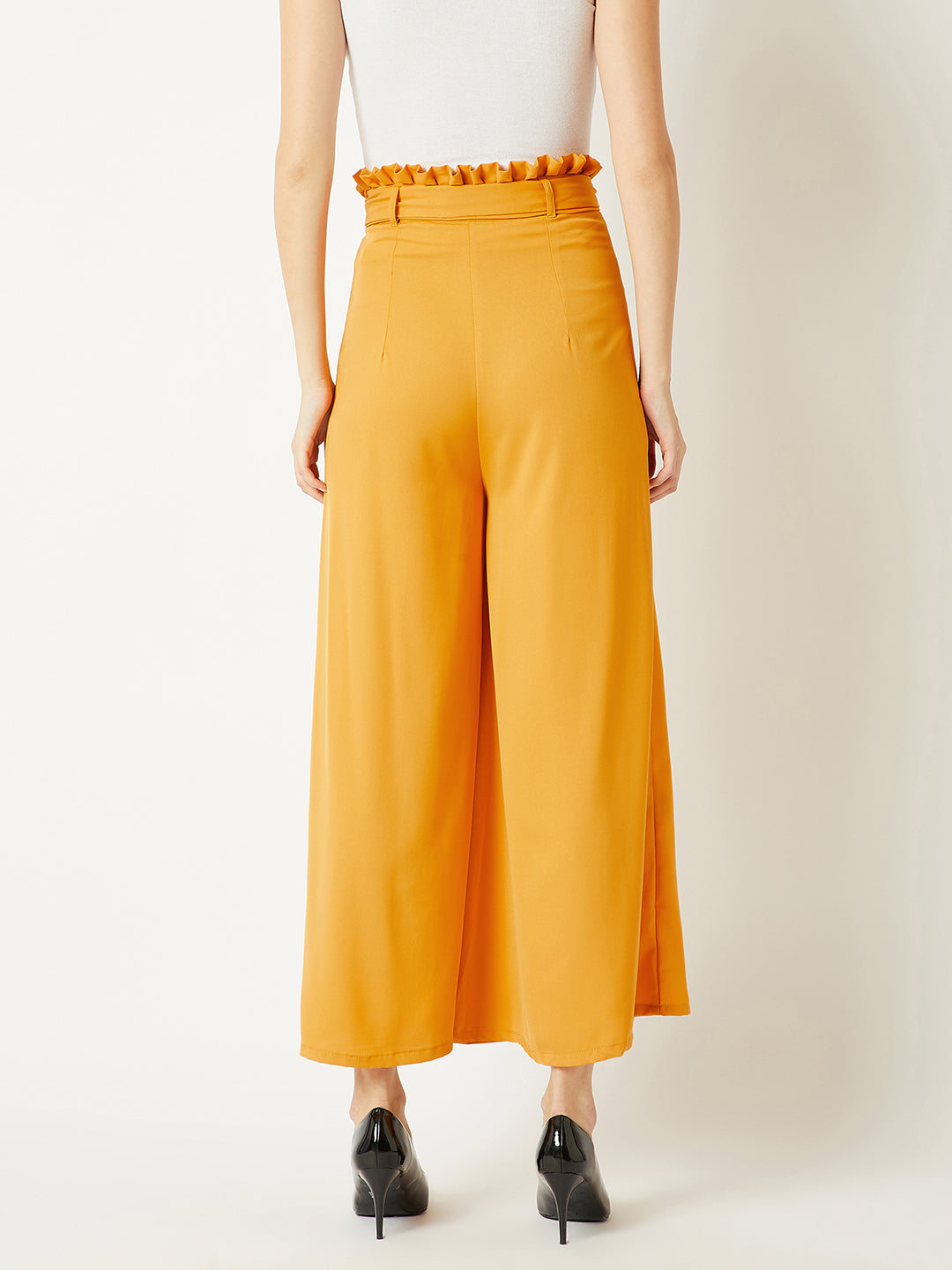 Women's Yellow Solid Regular Length Pleated Wide Leg Paper bag Flare Trouser