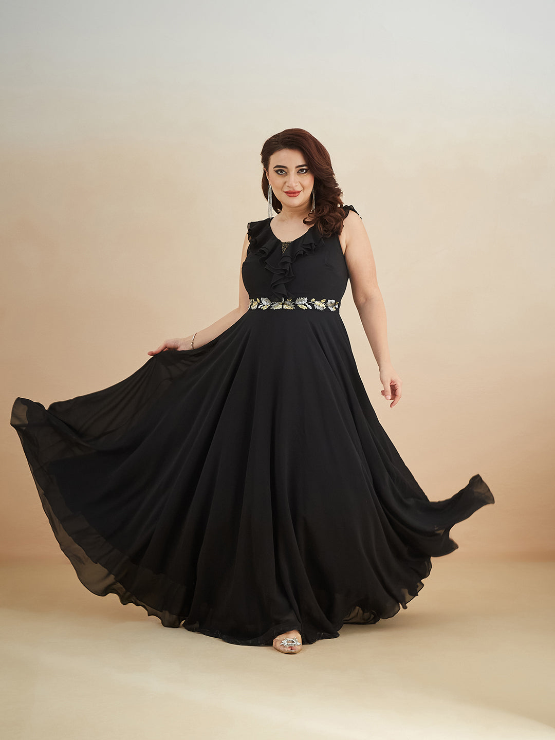 Black Sleeveless Embroidered Ruffled Georgette Maxi Dress for Women — Miss Chase A+