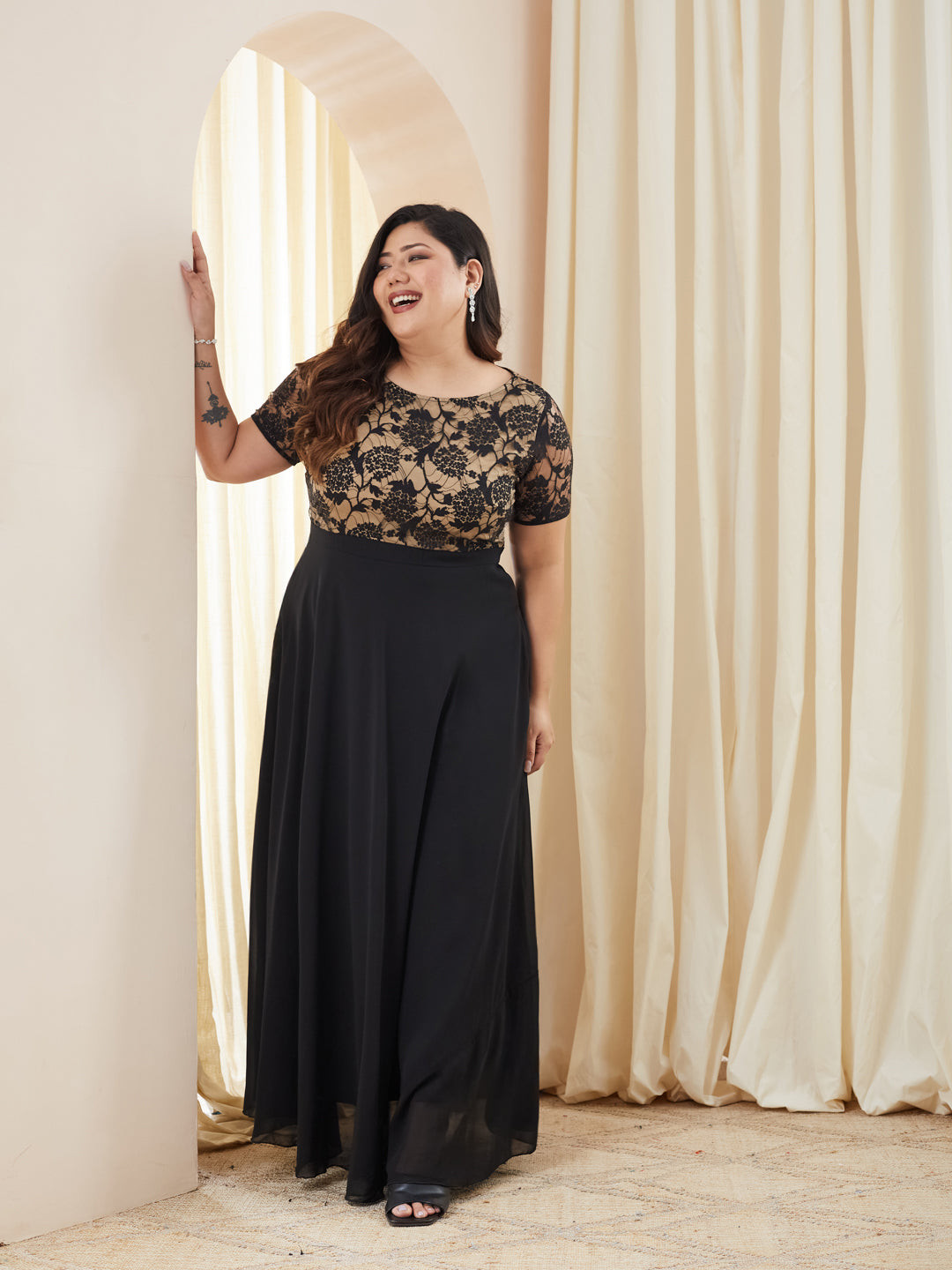 Black Round Neck Half Sleeve Self Design Fit & Flare Georgette Maxi Dress for Women