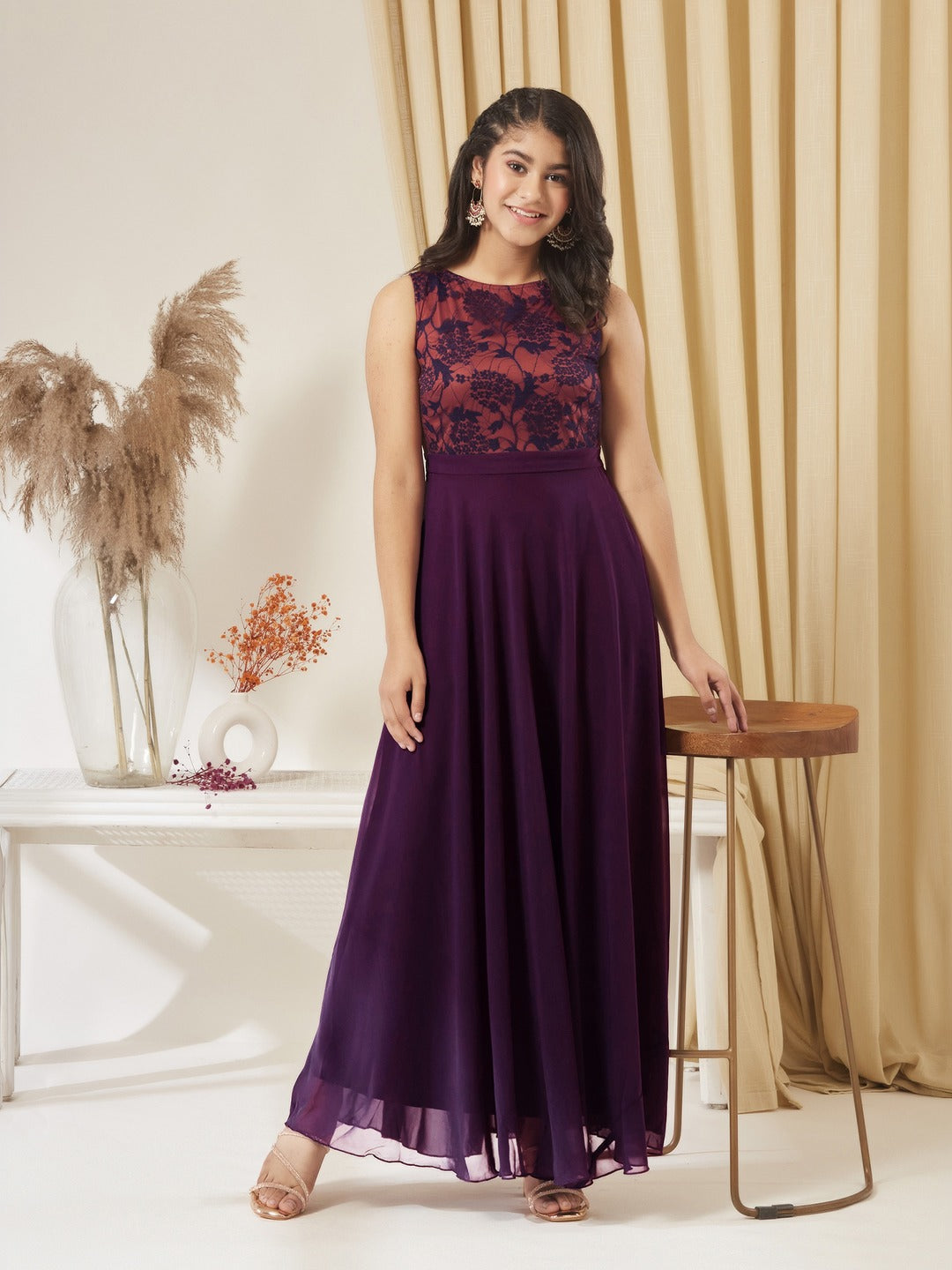 Dark Purple Round Neck Sleeveless Georgette & Lace Floral Fit & Flare Maxi Dress for Girls/Teenagers