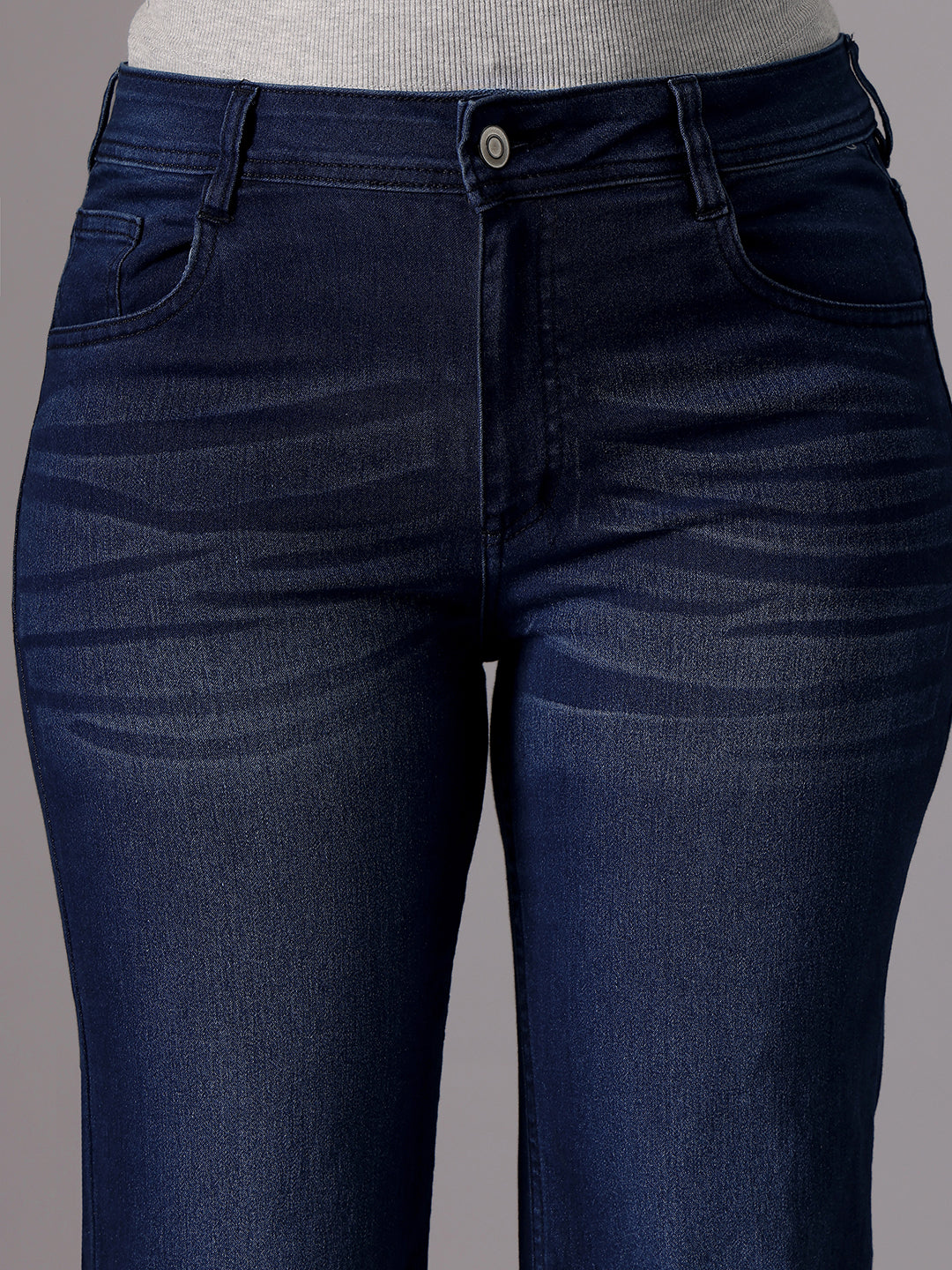24/7 Comfort Navy-Blue High-Rise Clean-Look Regular-Length Stretchable Bootcut Denim Jeans