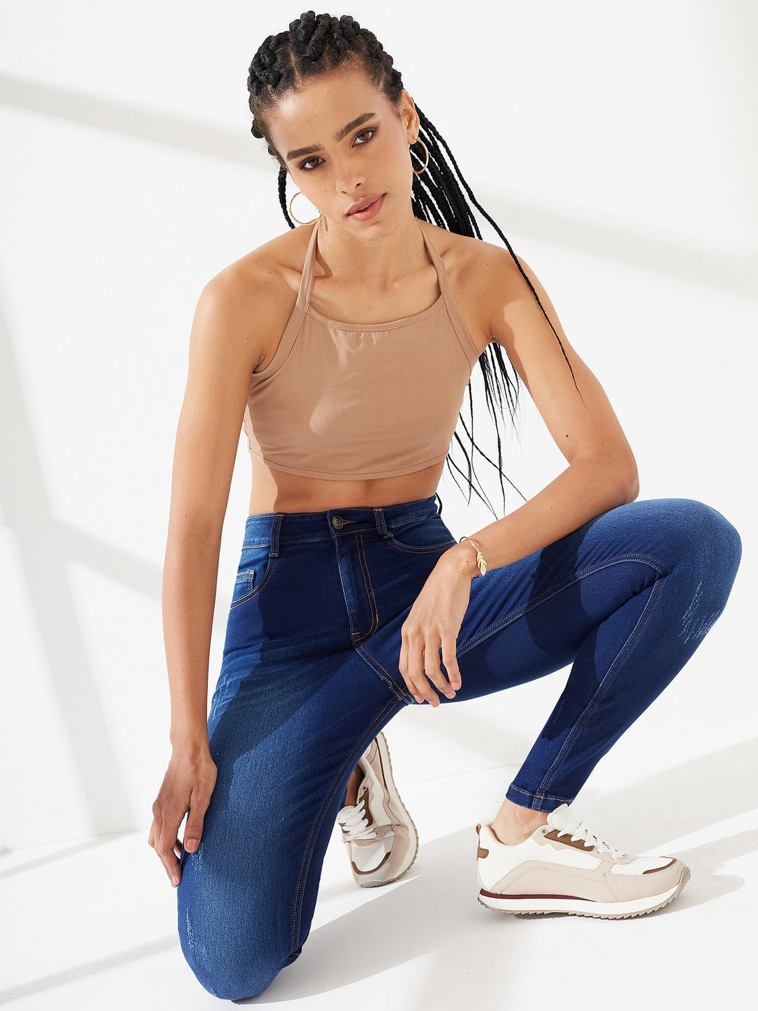 High-Rise Navy Blue Skinny Jeans with Mild Distress, Whiskering & Cat Scratch Detailing For Women