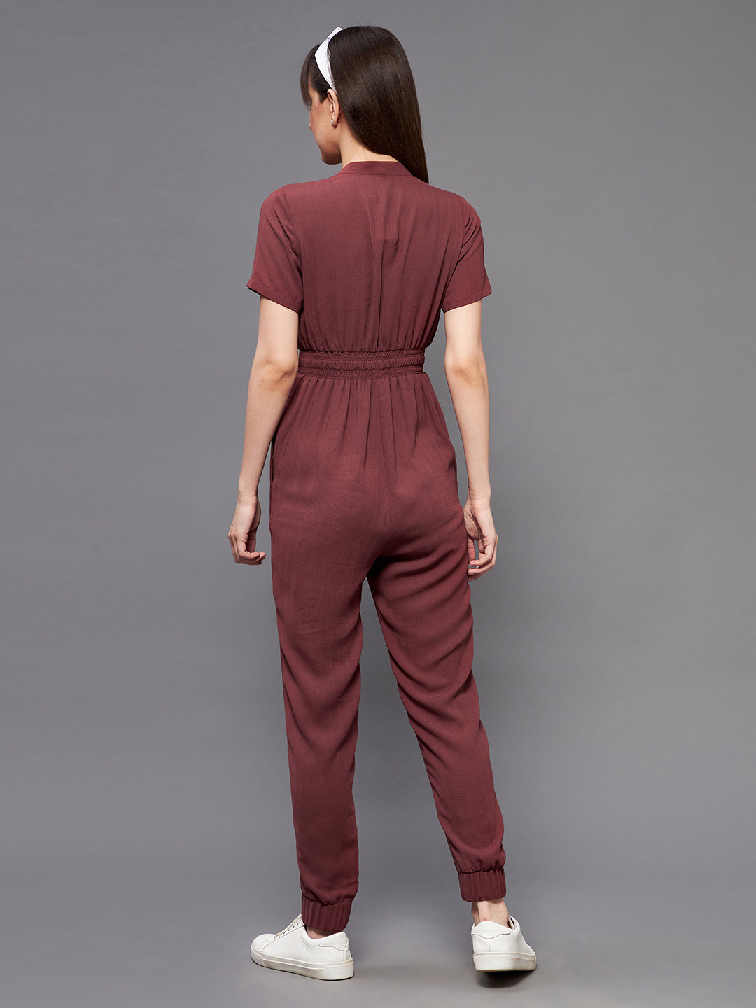 Women's Light Burgundy V-Neck Short Sleeve Solid Straight Leg Polyester Regular Jumpsuit