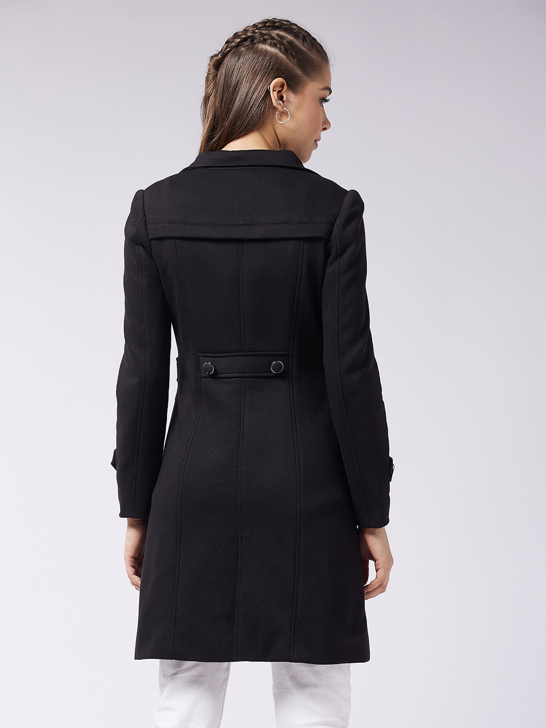 Women's Black Notch Collar Full Sleeve Solid Front-Open Longline Jacket