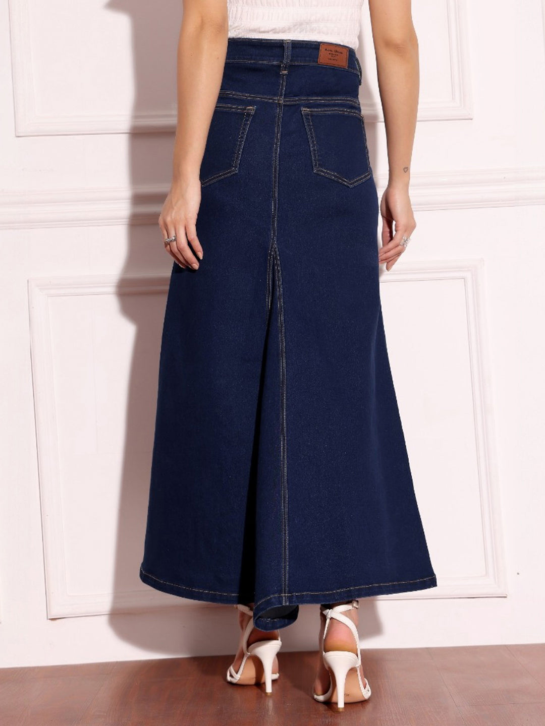 Women's Dark Blue Flared High-Rise Stretchable Denim Maxi Skirt