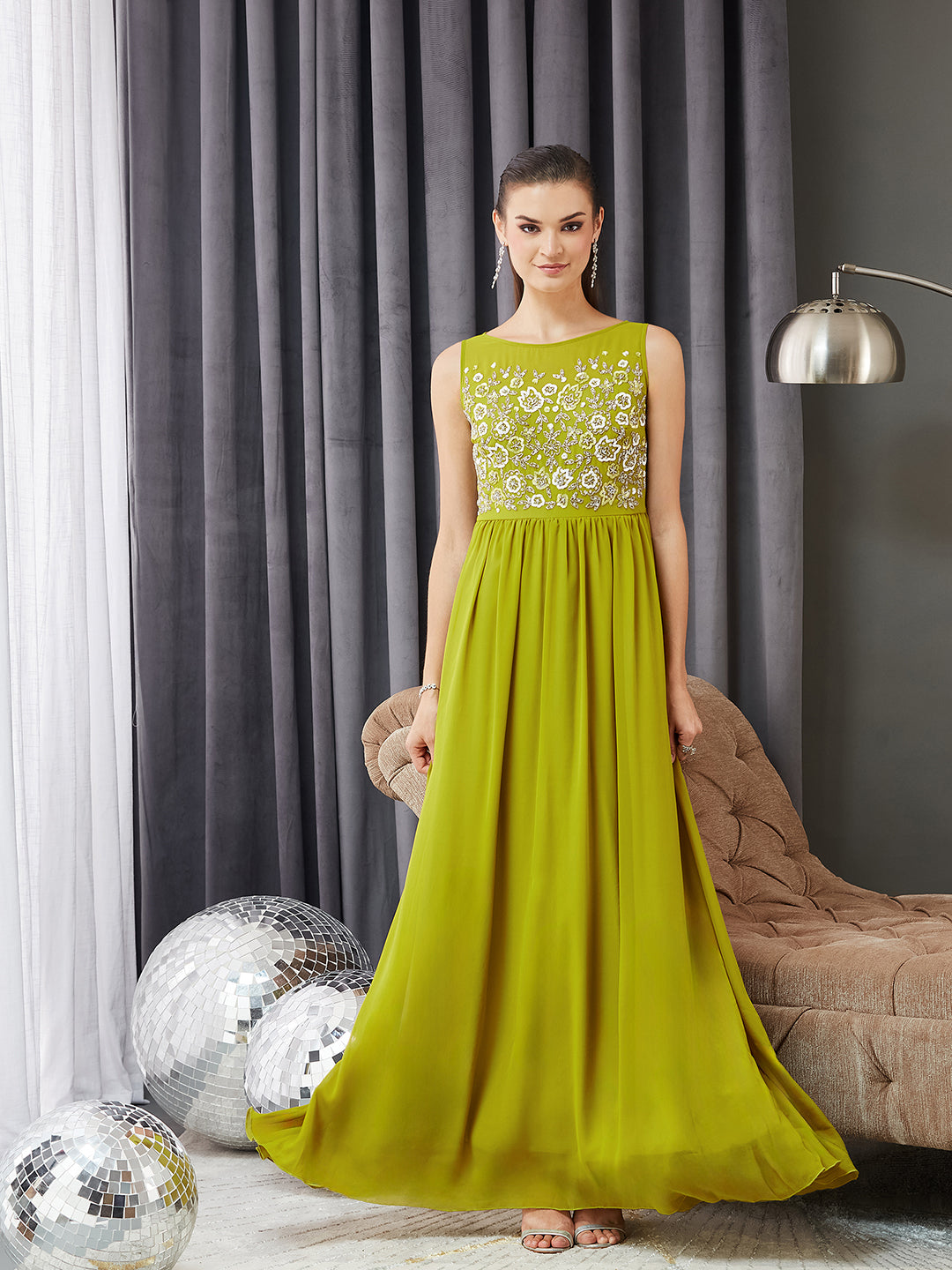 Women's Lemon Green Boat Neck Sleeveless Embroidered Georgette Gathered Maxi Dress