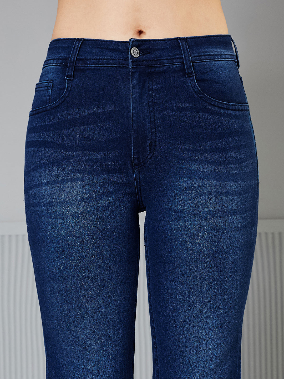 Women's Navy Blue High-Rise Clean-Look Regular-Length Stretchable Bootcut Denim Jeans