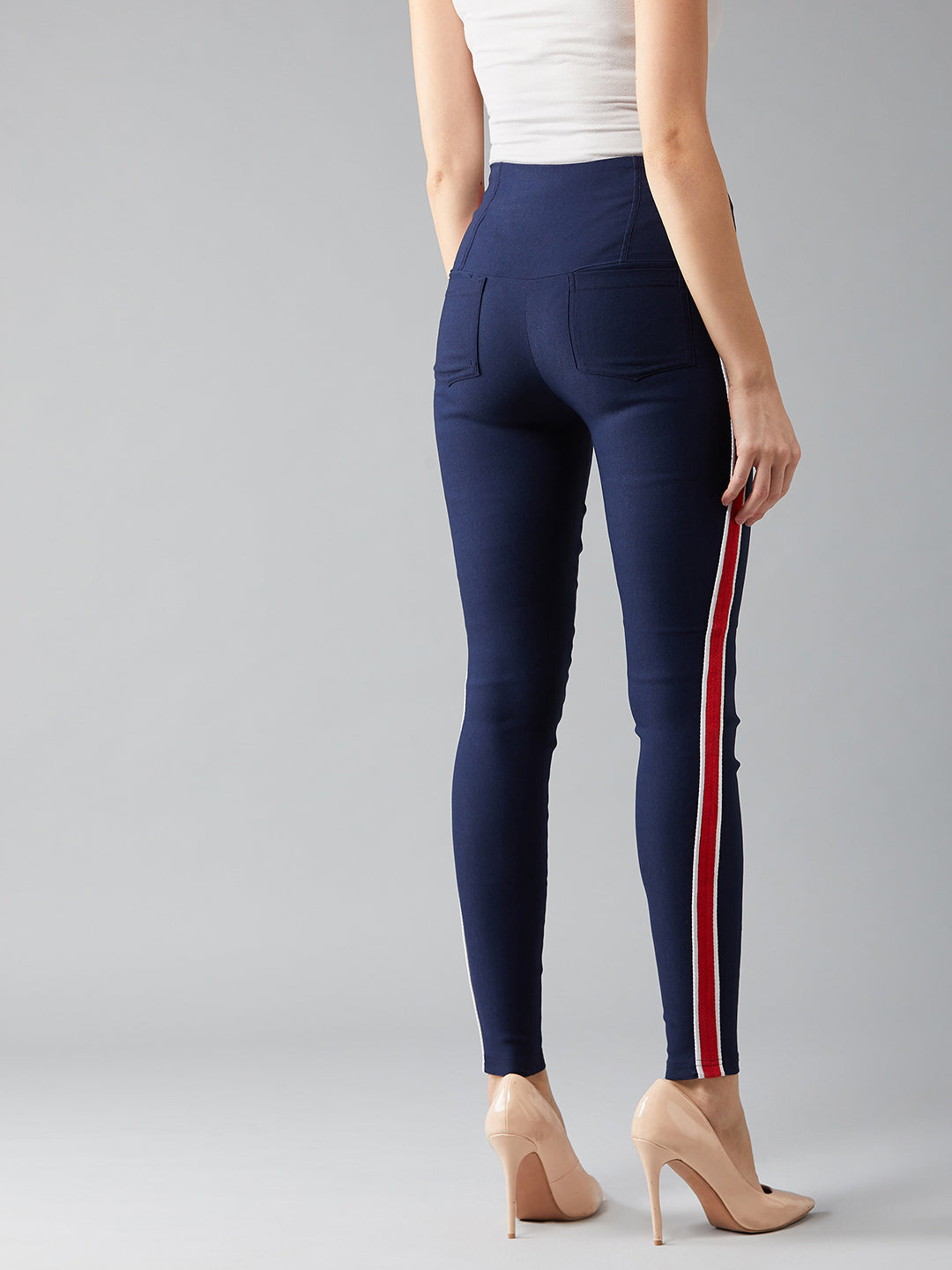 Women's Navy Blue Solid Skinny Knitted Twill Tape Detailing Regular Length High Waist Treggings